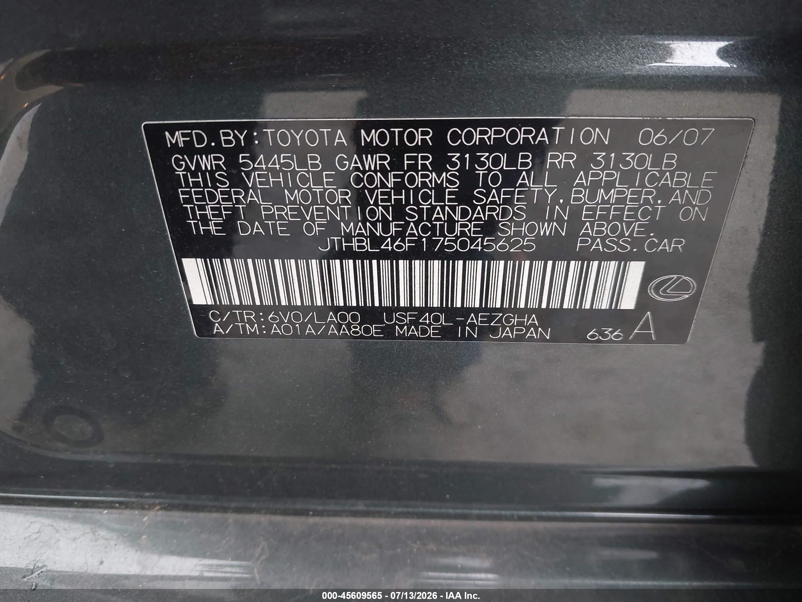 2007 Lexus Ls 460   Green vin: JTHBL46F175045625
