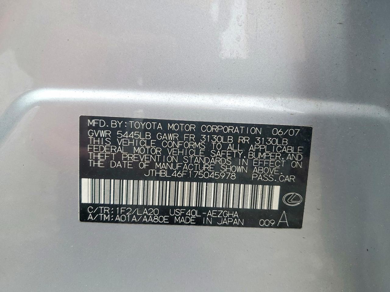 2007 Lexus Ls 460 Silver vin: JTHBL46F175045978