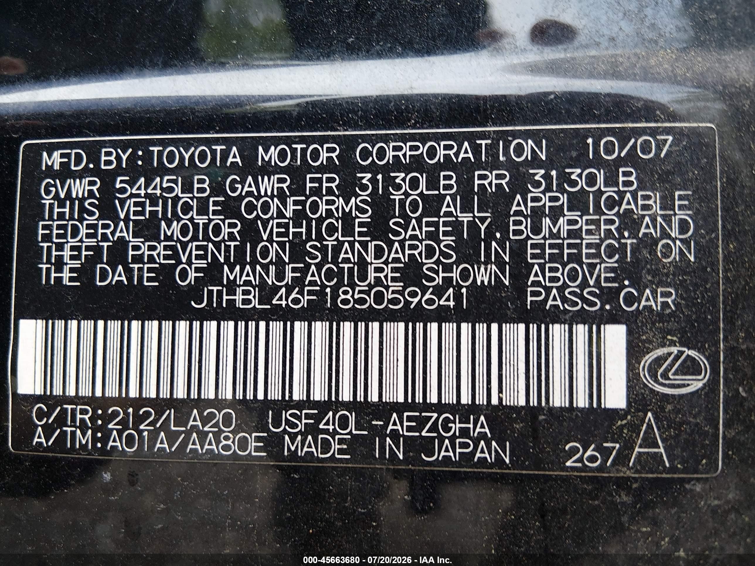 2008 Lexus Ls 460   Black vin: JTHBL46F185059641