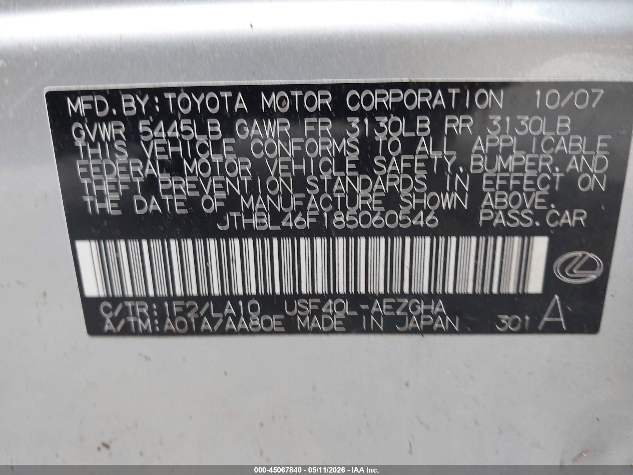 2008 Lexus Ls 460 Silver vin: JTHBL46F185060546