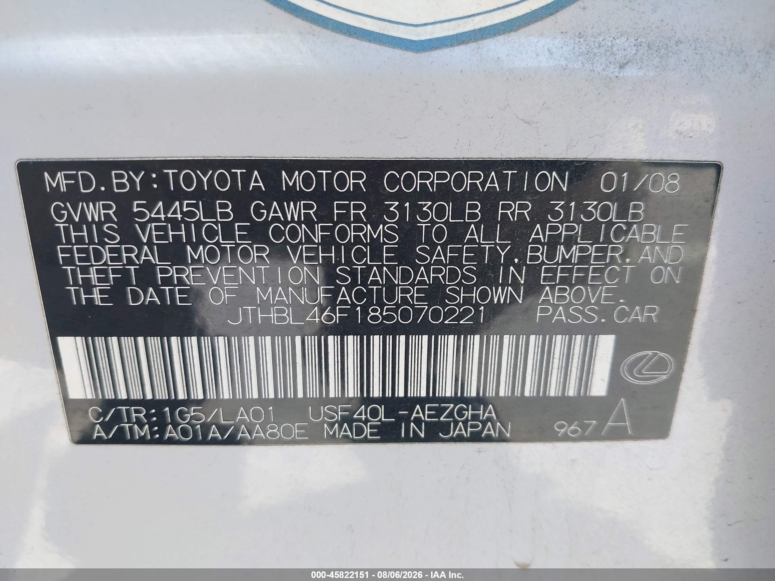 2008 Lexus Ls 460   White vin: JTHBL46F185070221