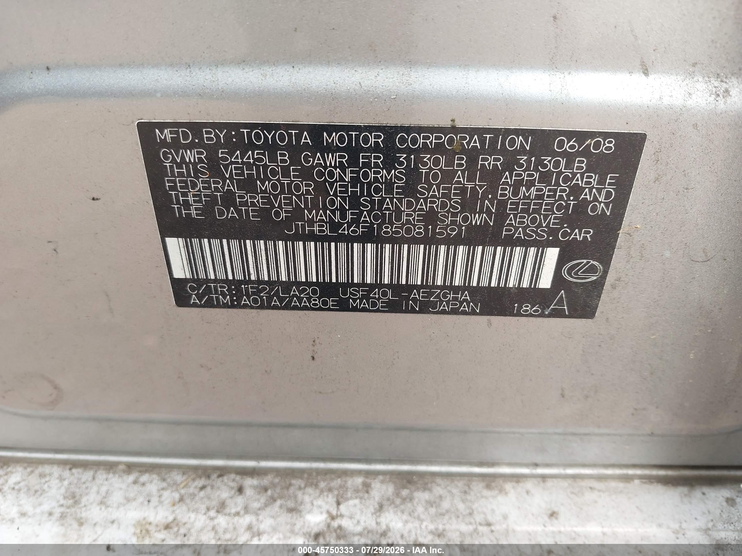 2008 Lexus Ls 460 Silver vin: JTHBL46F185081591