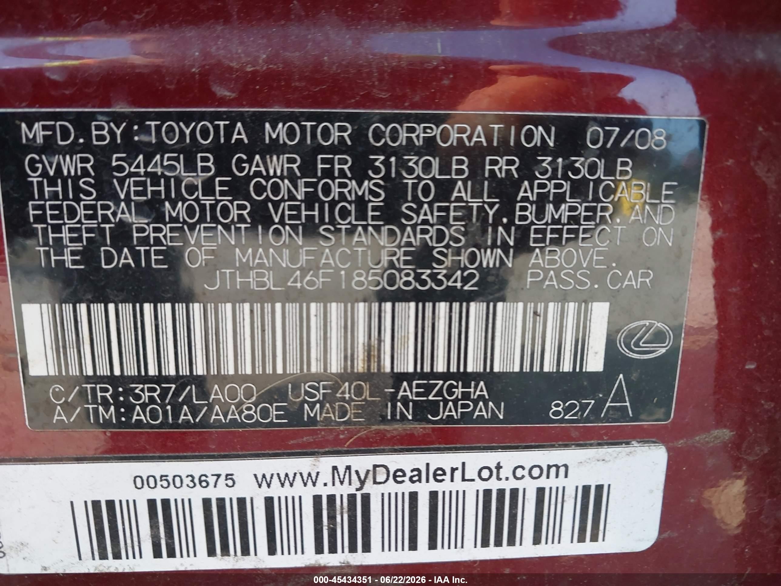 2008 Lexus Ls 460   Burgundy vin: JTHBL46F185083342