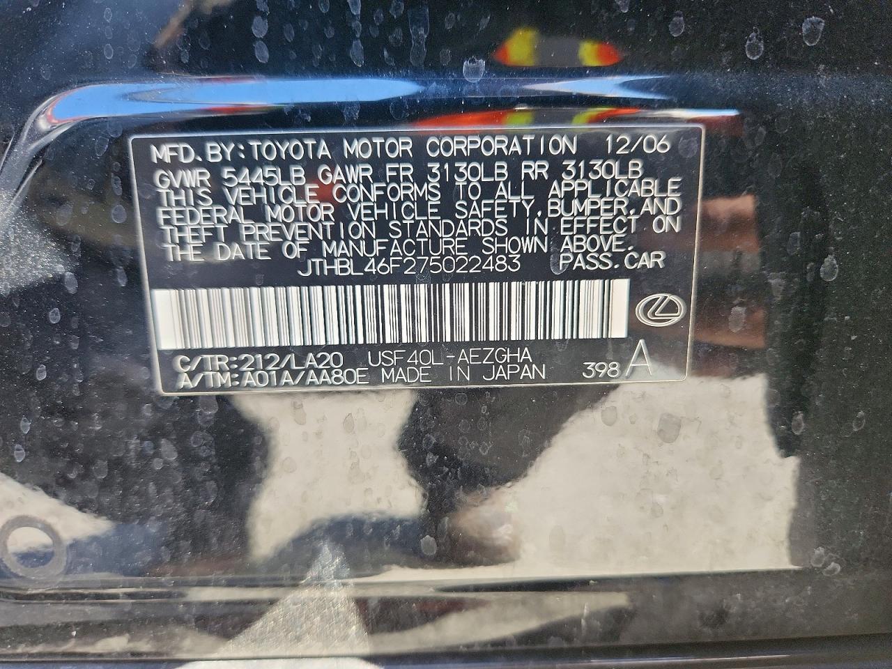 2007 Lexus Ls 460 Black vin: JTHBL46F275022483