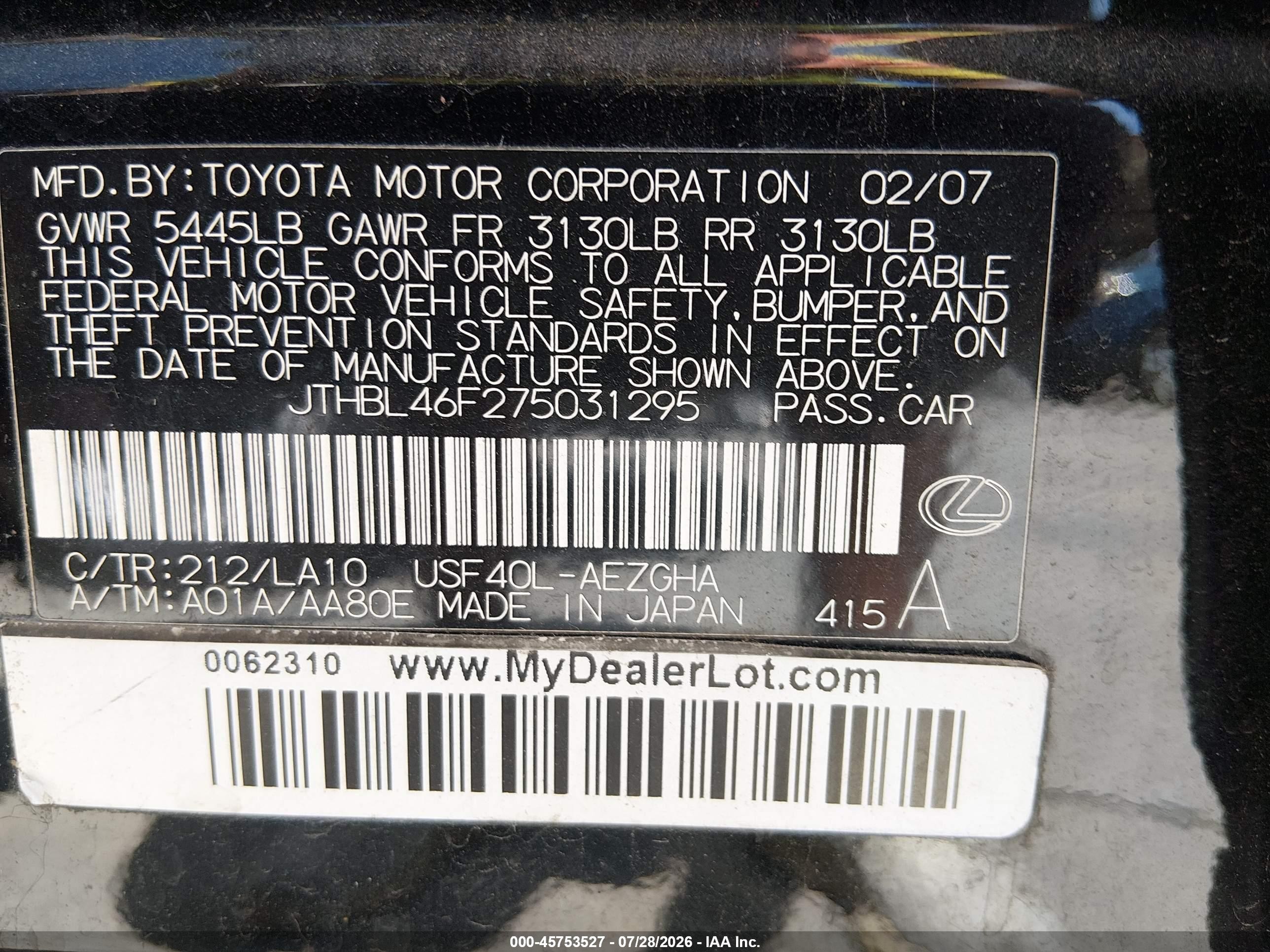 2007 Lexus Ls 460   Black vin: JTHBL46F275031295