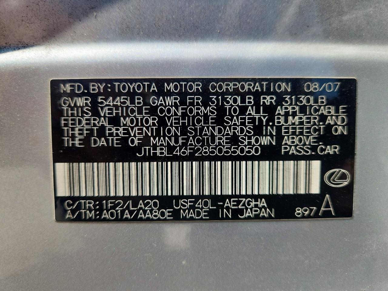 2008 Lexus Ls 460 Silver vin: JTHBL46F285055050