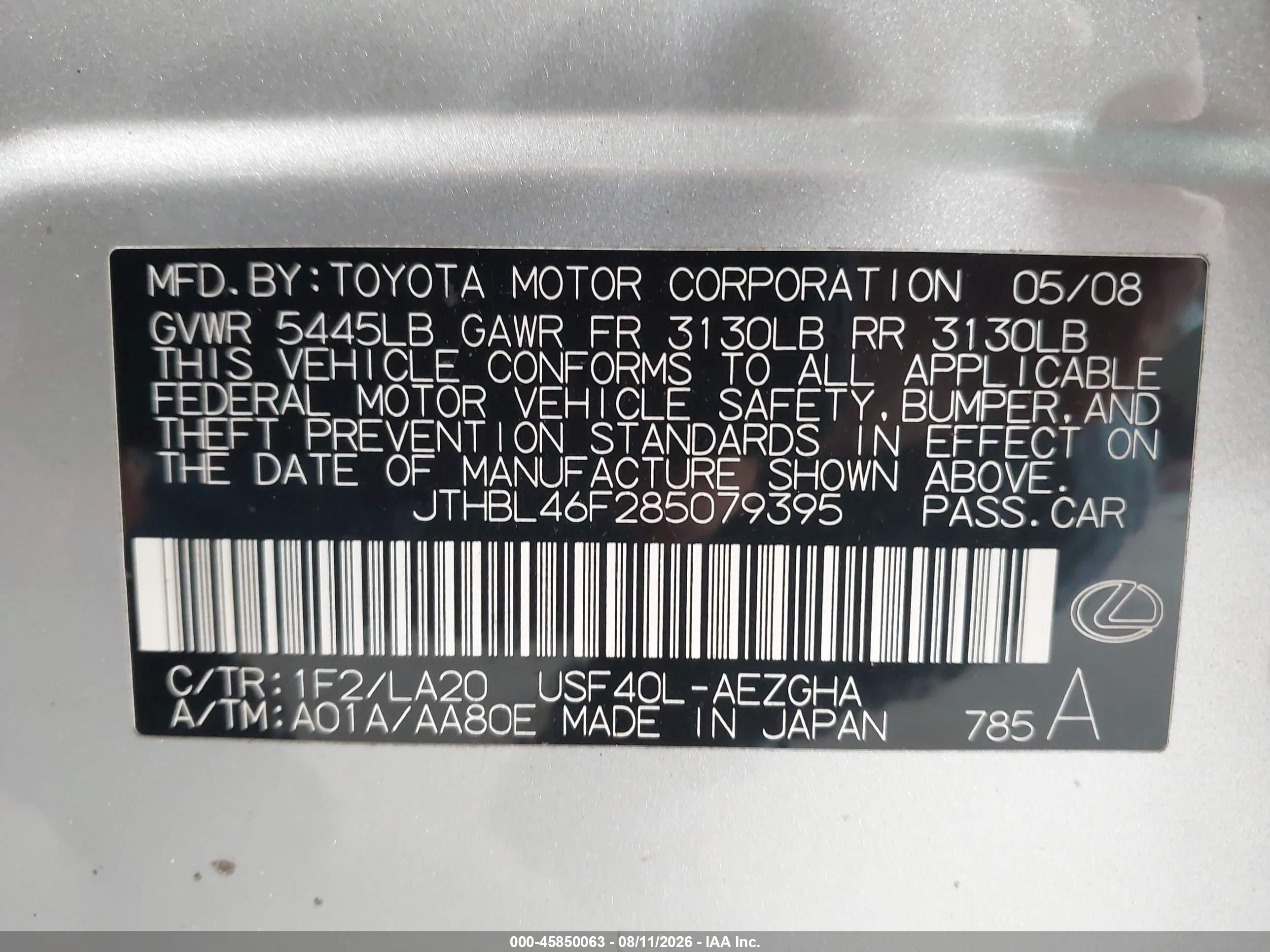 2008 Lexus Ls 460 Silver vin: JTHBL46F285079395