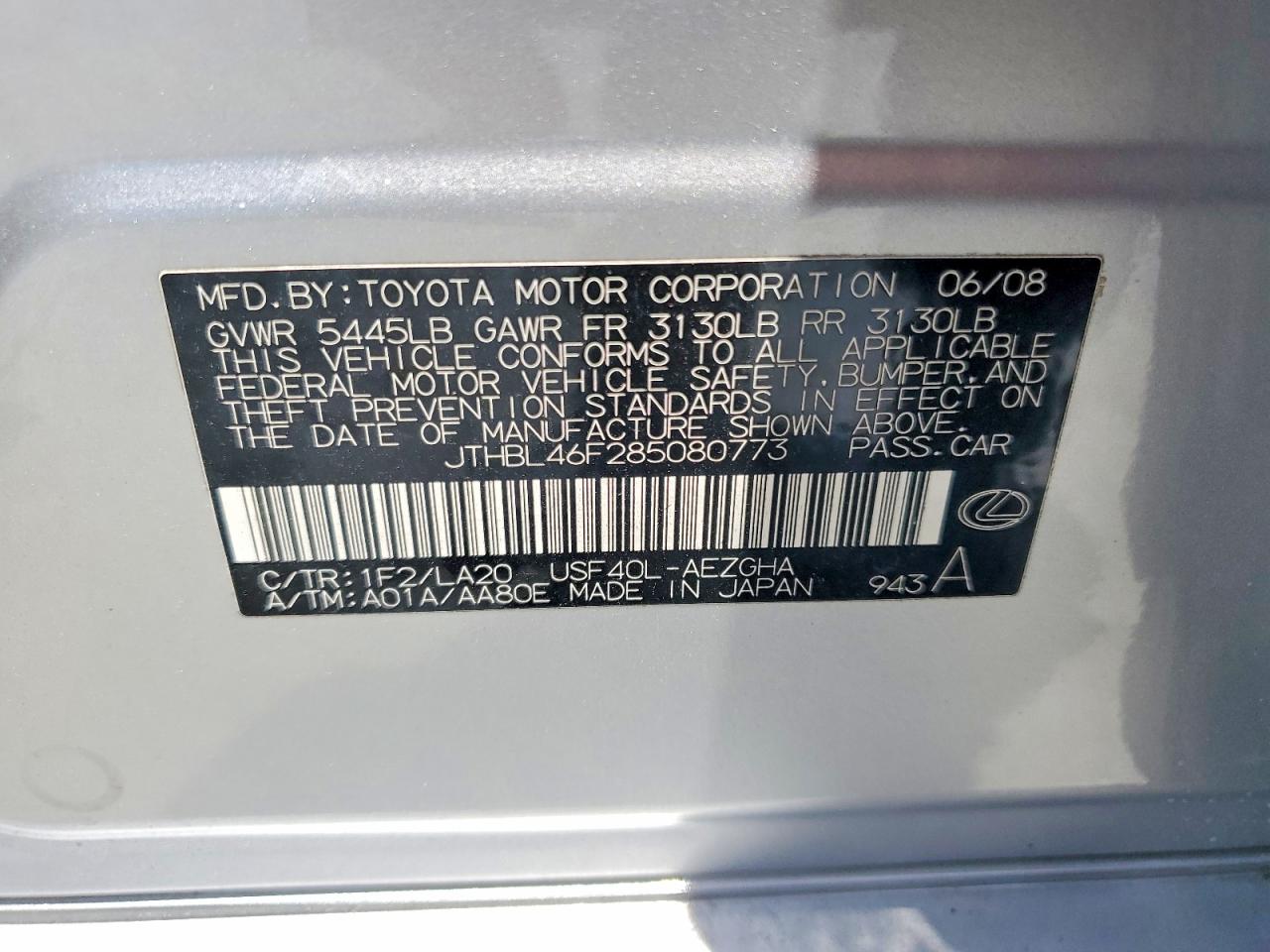 2008 Lexus Ls 460 Серебряный vin: JTHBL46F285080773