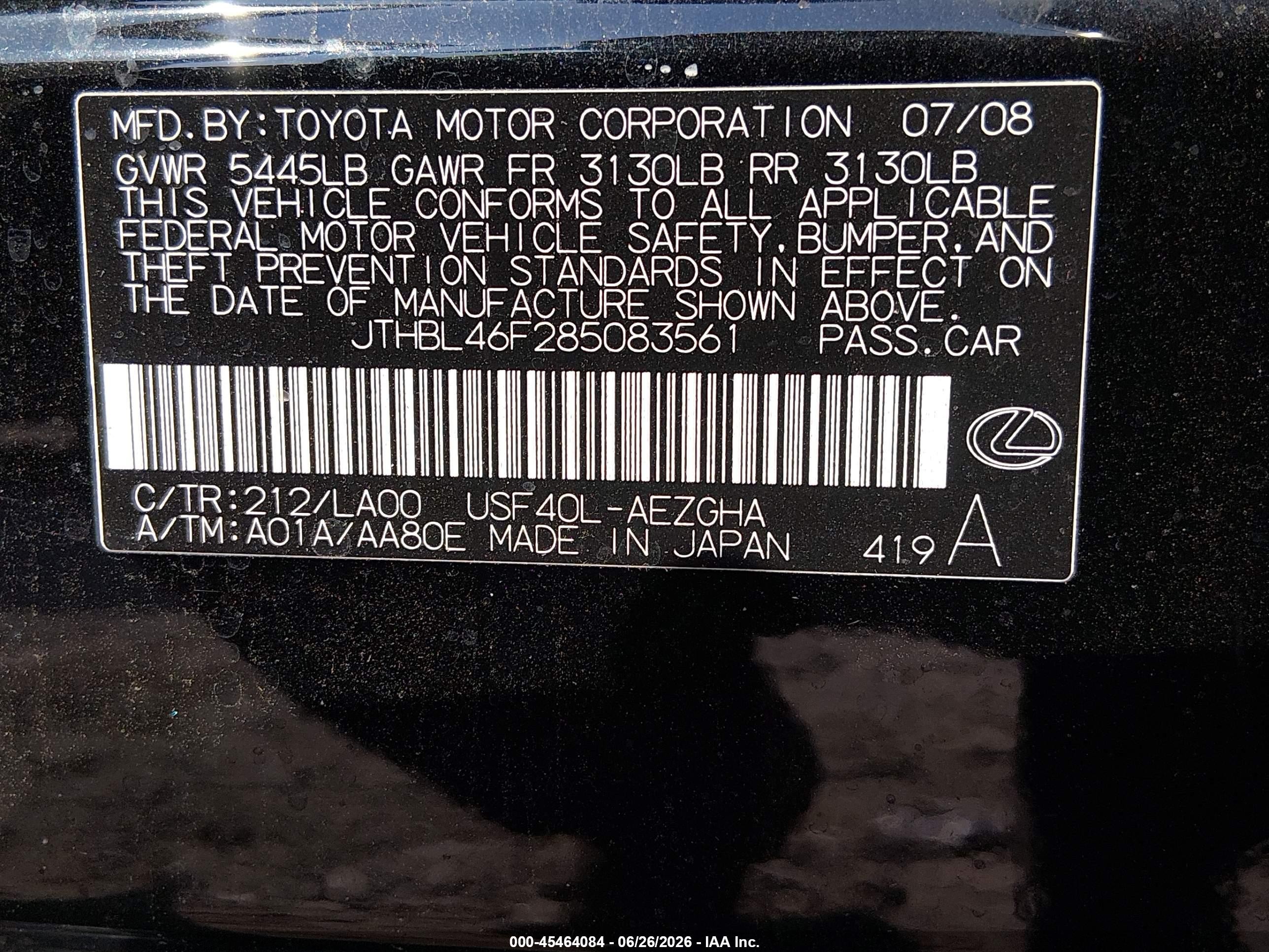2008 Lexus Ls 460   Черный vin: JTHBL46F285083561