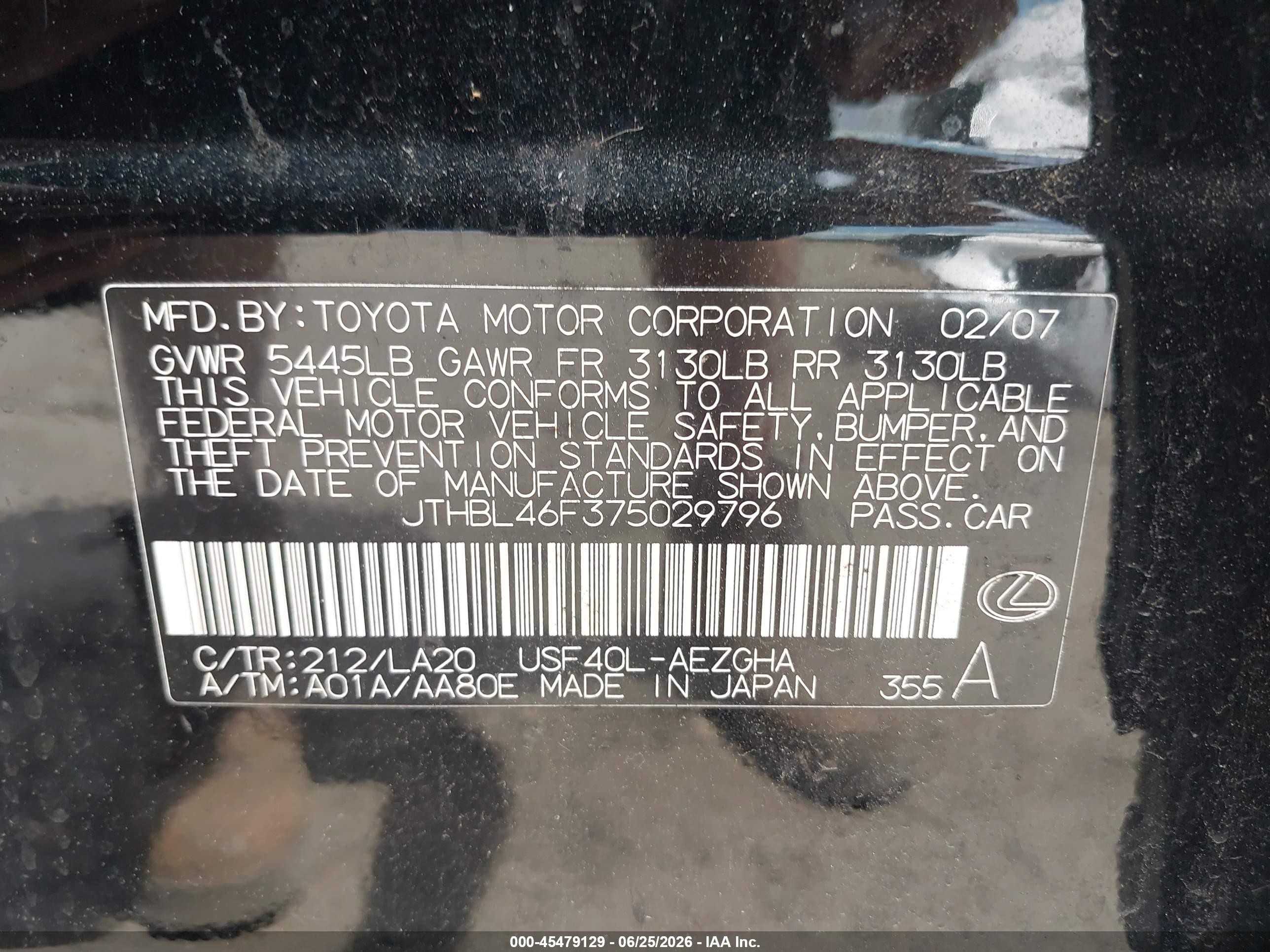 2007 Lexus Ls 460   Black vin: JTHBL46F375029796