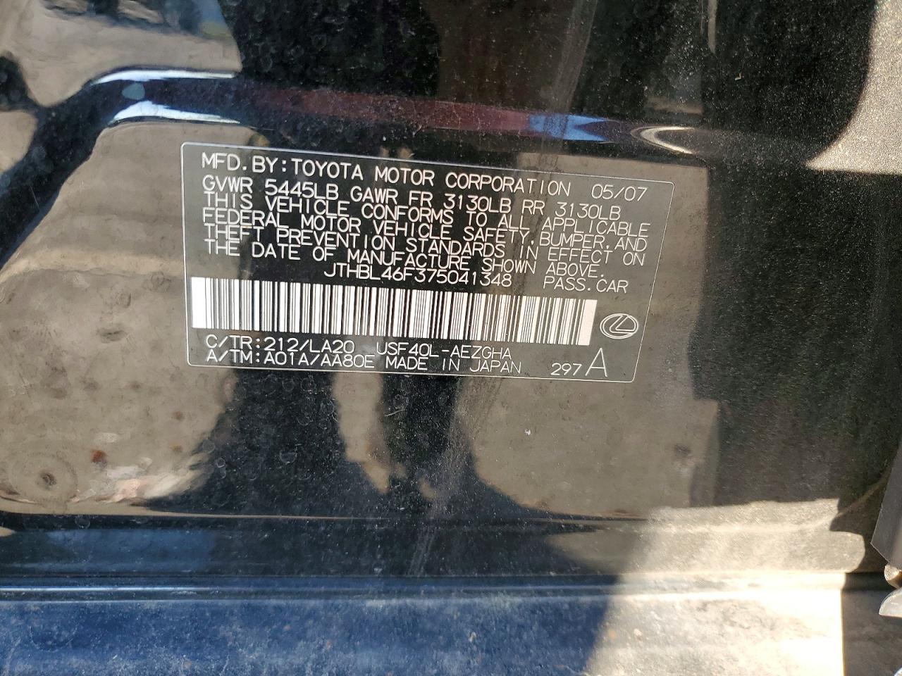 2007 Lexus Ls 460 Black vin: JTHBL46F375041348