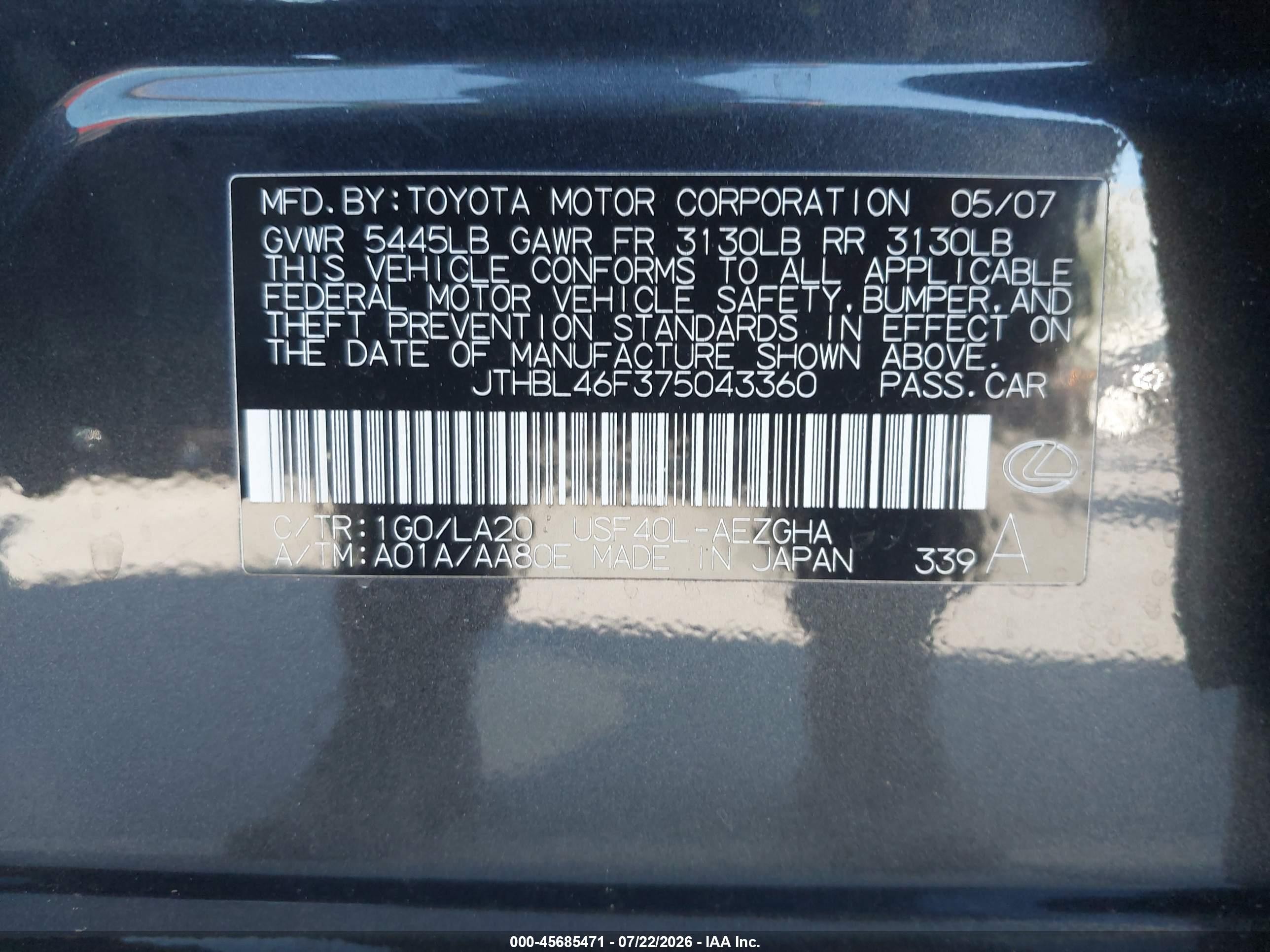 2007 Lexus Ls 460   Black vin: JTHBL46F375043360