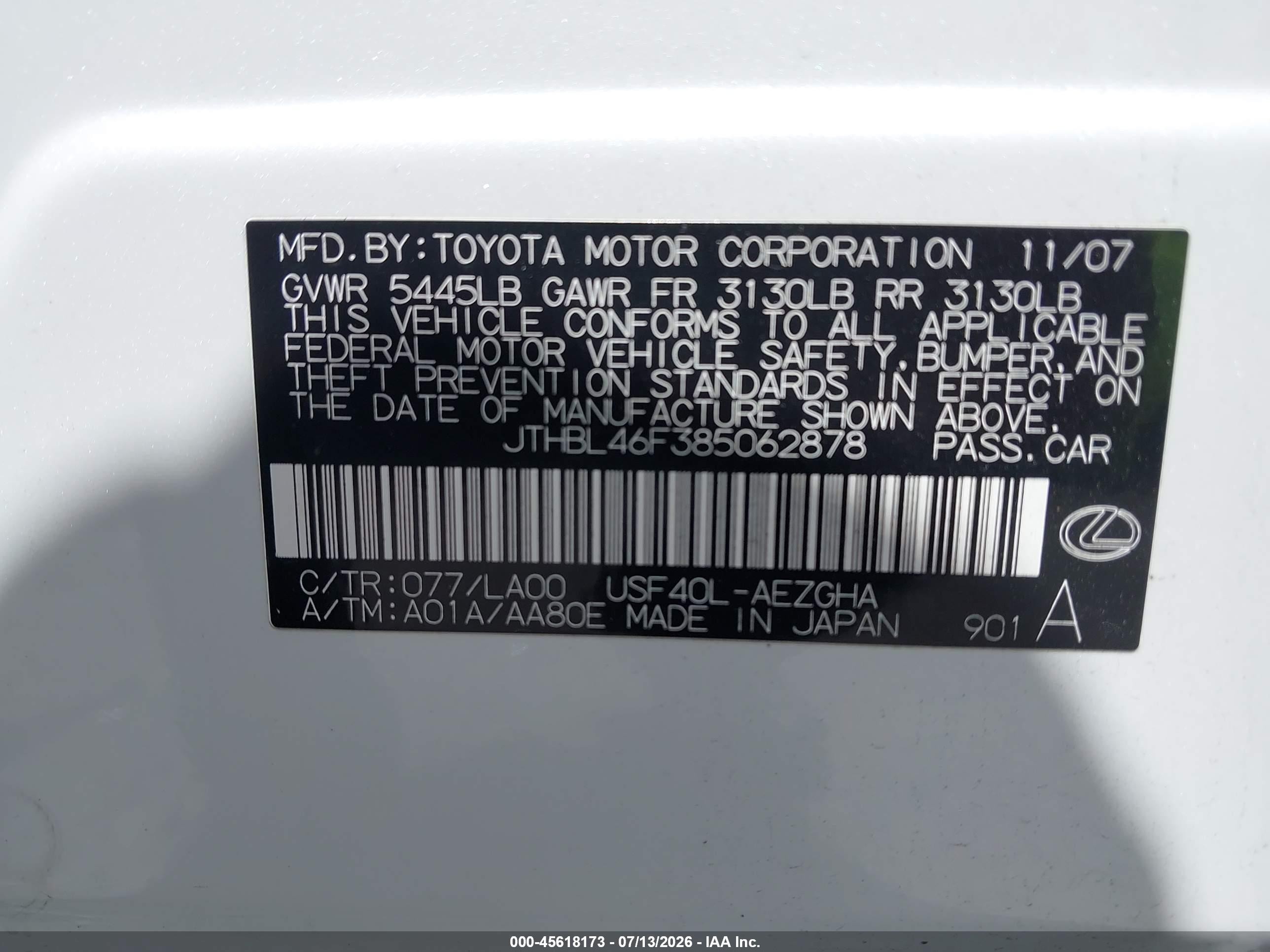 2008 Lexus Ls 460   White vin: JTHBL46F385062878