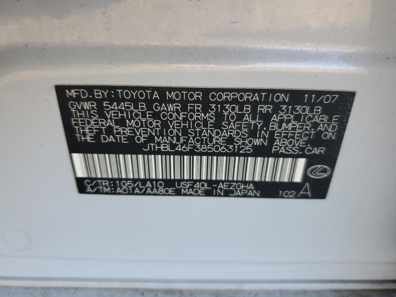 2008 Lexus Ls 460 White vin: JTHBL46F385063125
