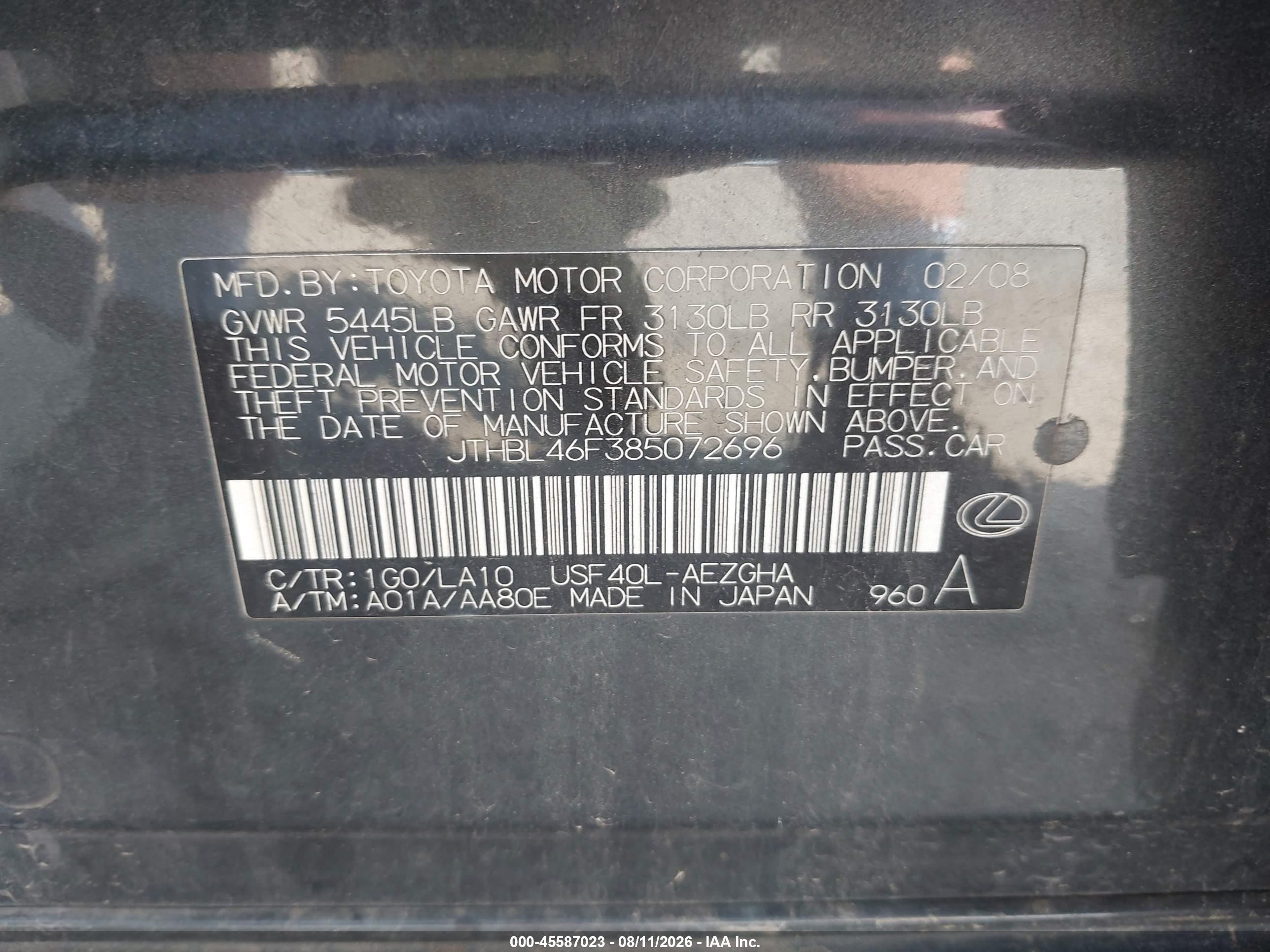 2008 Lexus Ls 460   Black vin: JTHBL46F385072696