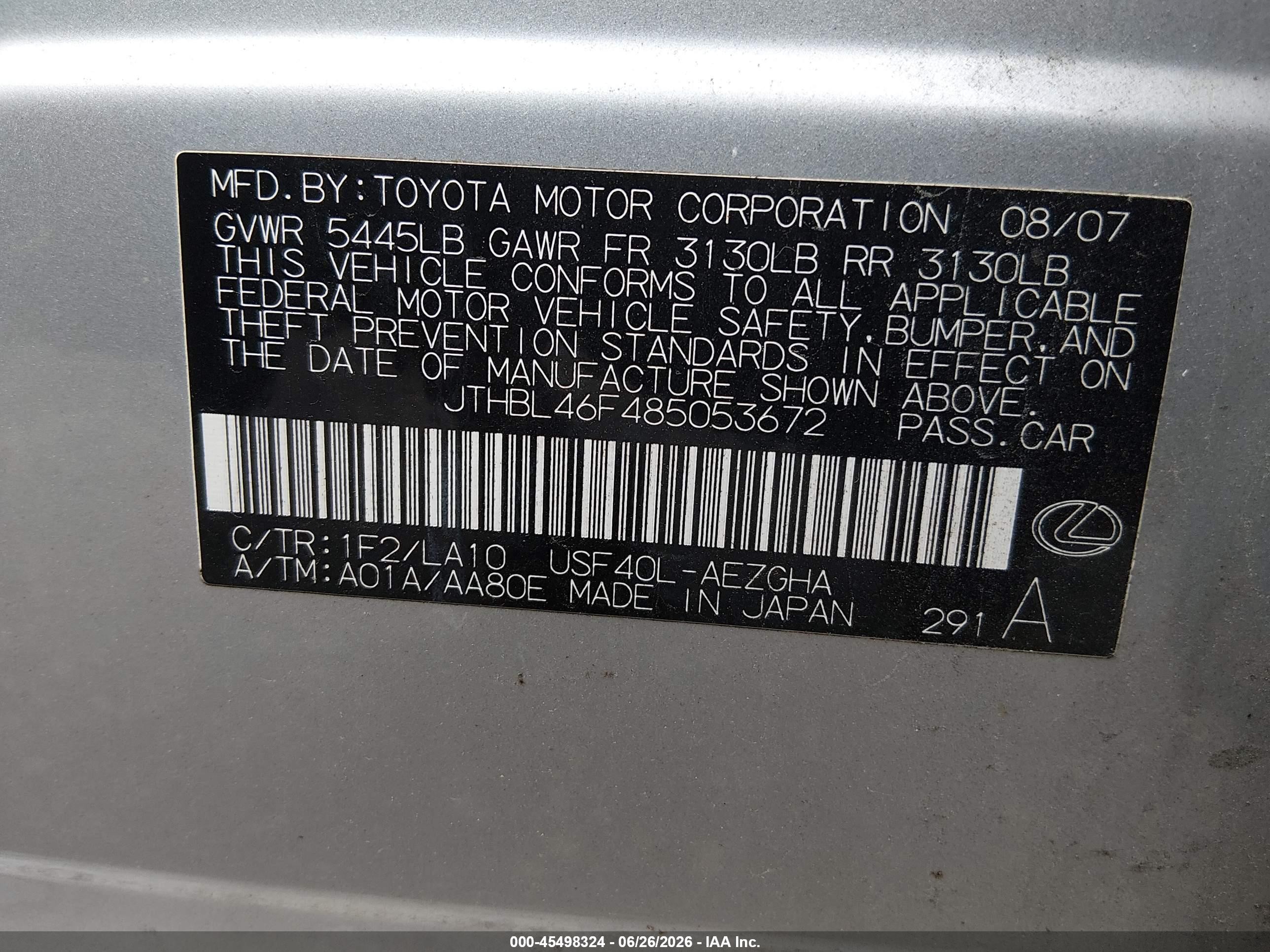 2008 Lexus Ls 460   Gray vin: JTHBL46F485053672