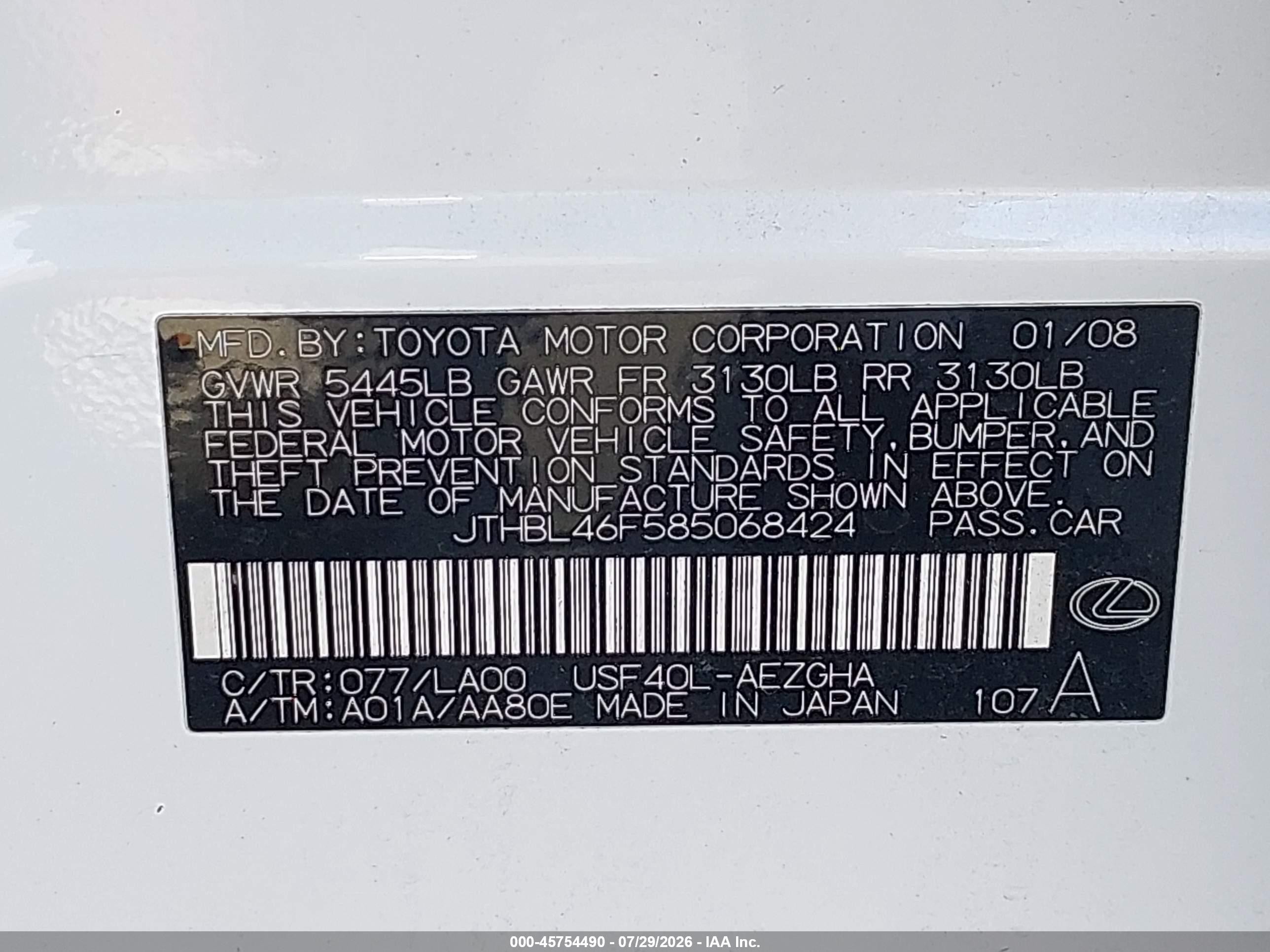 2008 Lexus Ls 460   White vin: JTHBL46F585068424