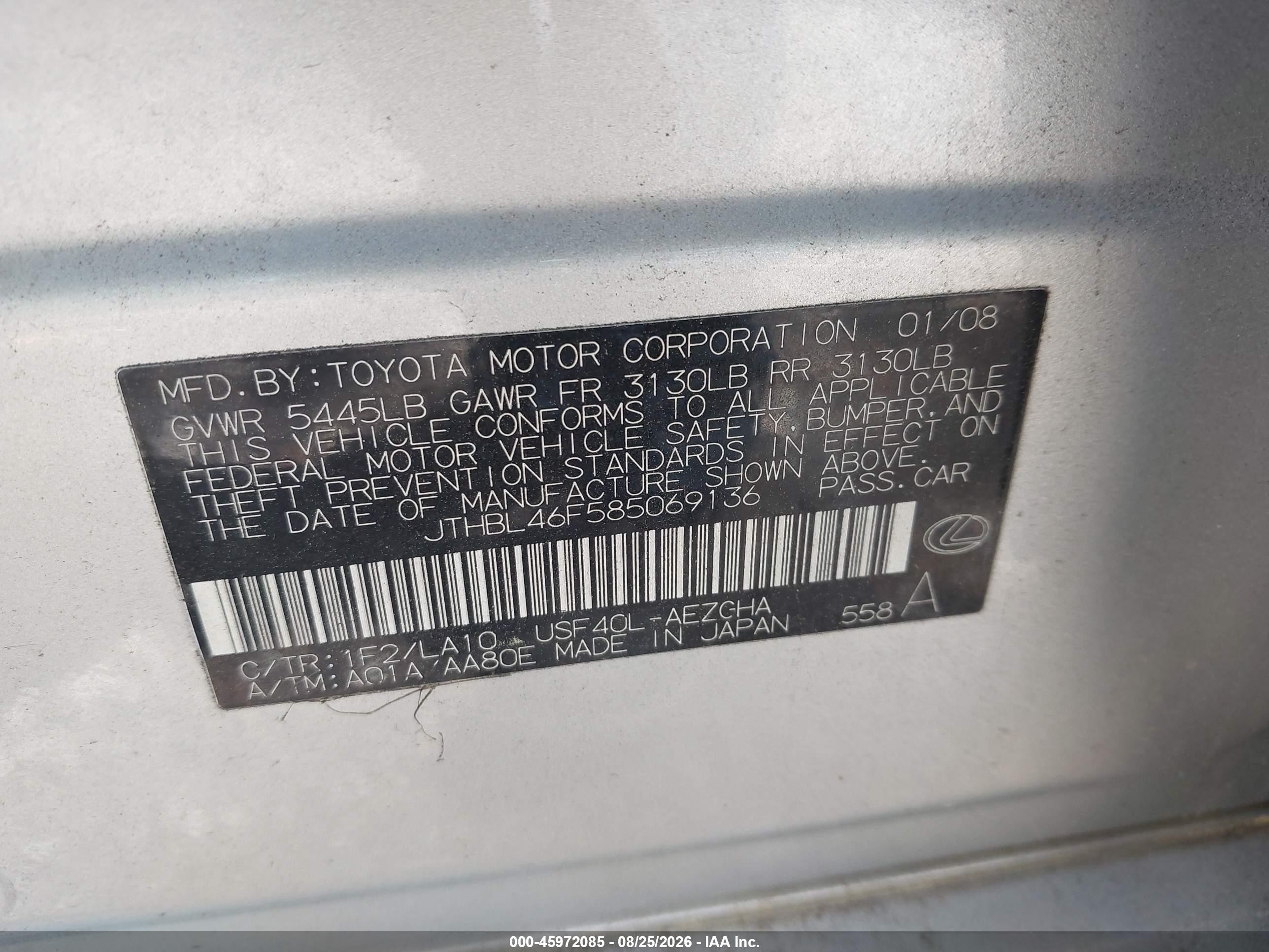 2008 Lexus Ls 460   Серебряный vin: JTHBL46F585069136