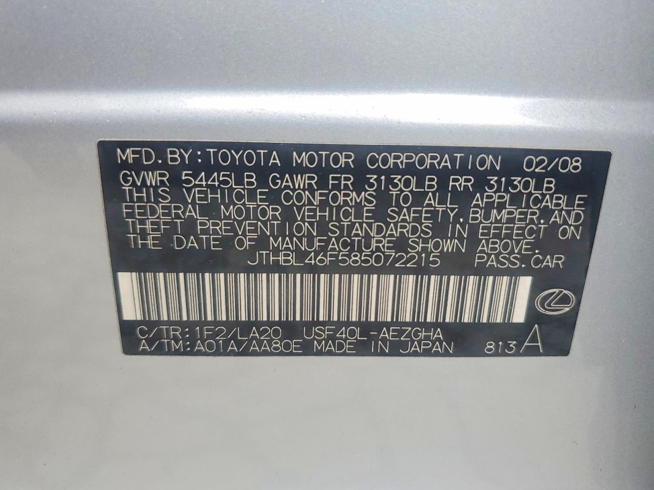 2008 Lexus Ls 460 Gray vin: JTHBL46F585072215