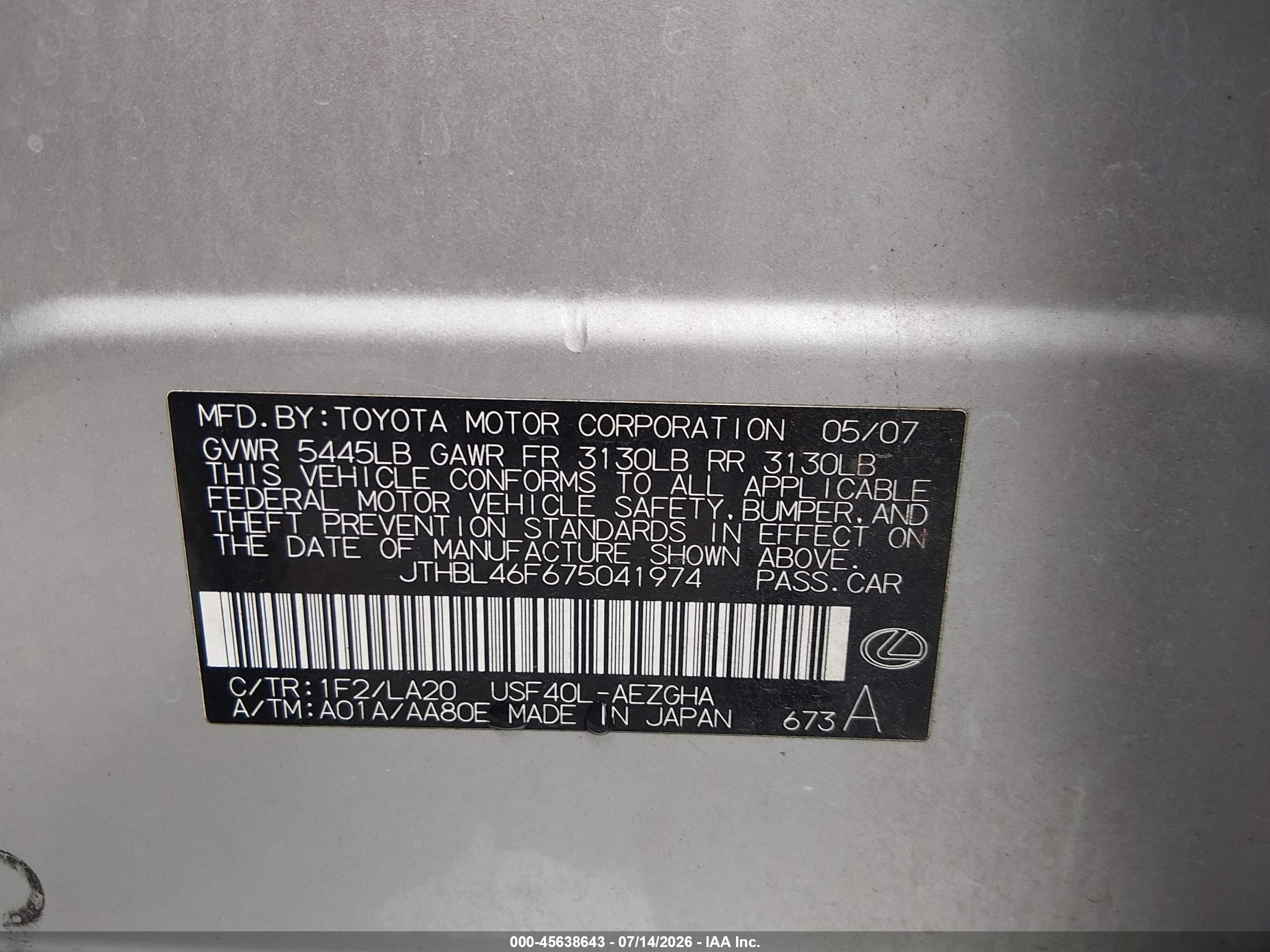 2007 Lexus Ls 460   Silver vin: JTHBL46F675041974