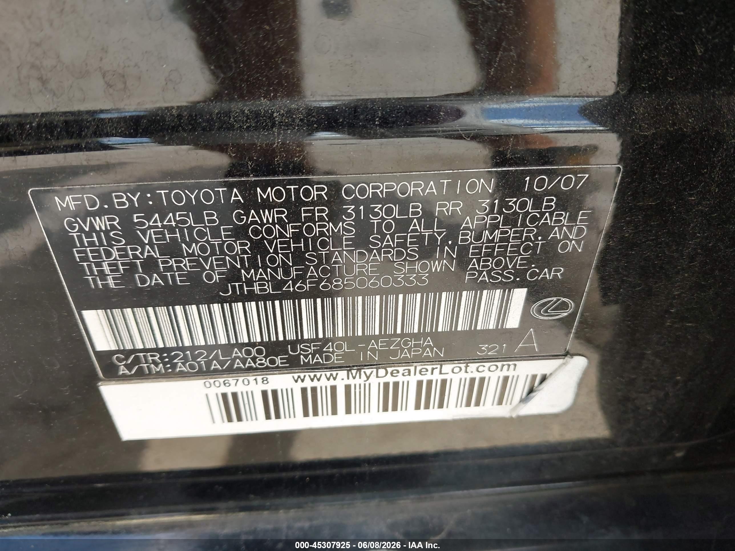 2008 Lexus Ls 460 Black vin: JTHBL46F685060333