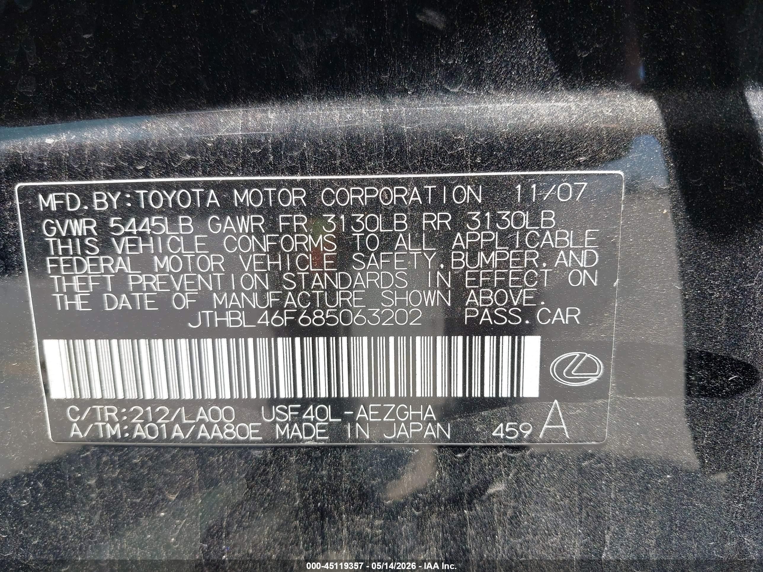 2008 Lexus Ls 460   Black vin: JTHBL46F685063202