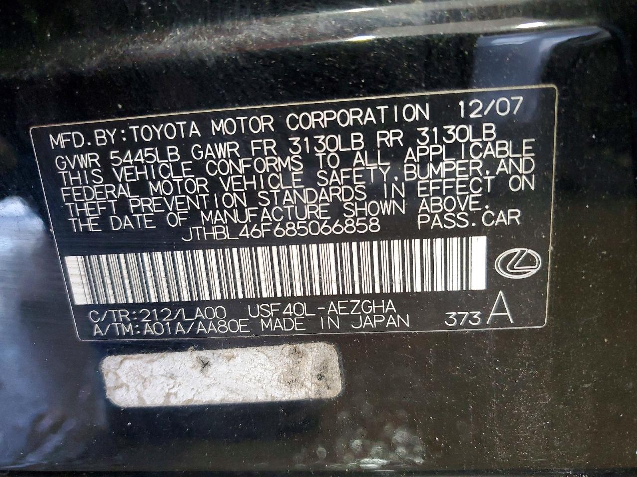 2008 Lexus Ls 460 Black vin: JTHBL46F685066858
