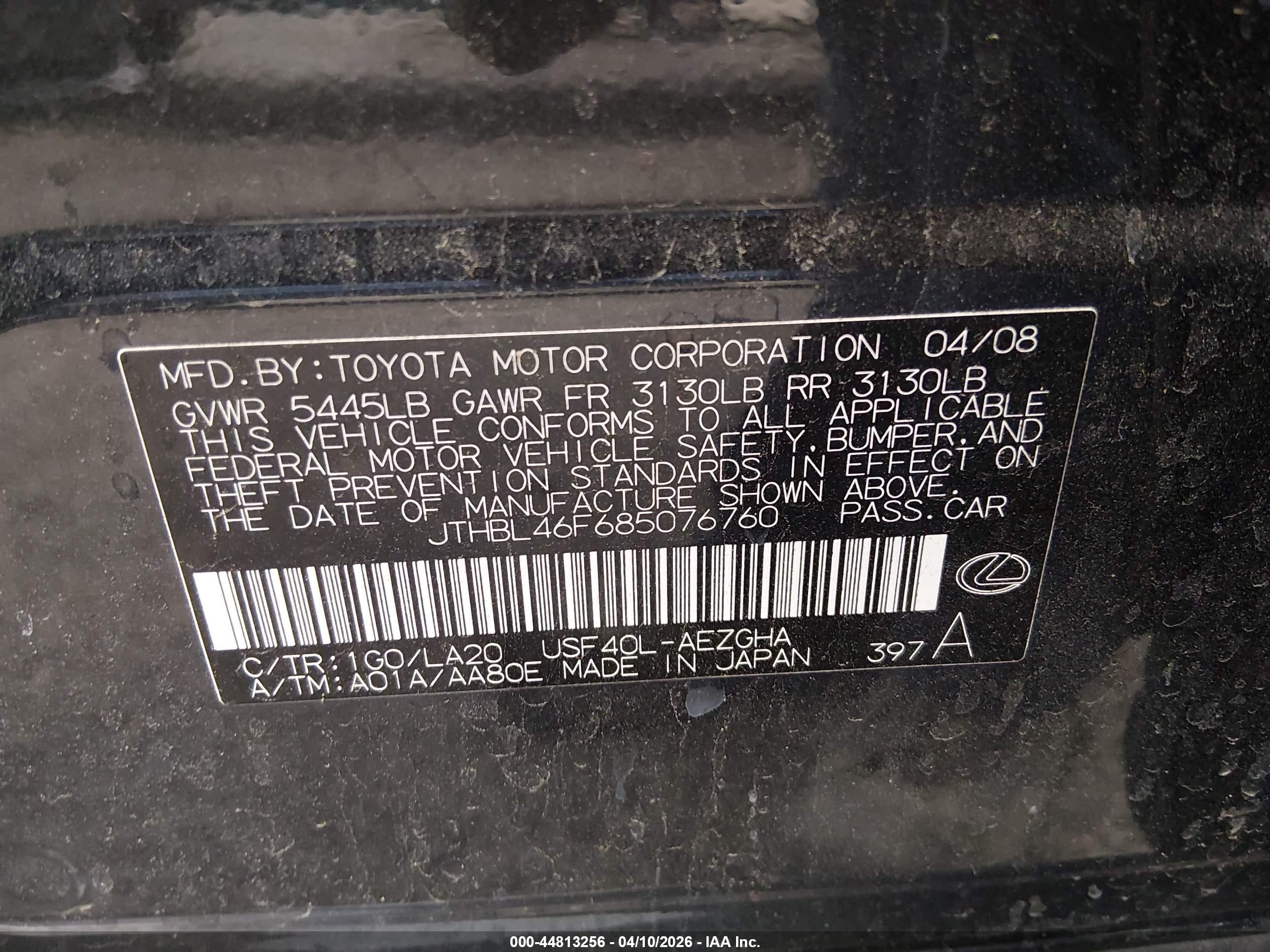 2008 Lexus Ls 460 Gray vin: JTHBL46F685076760