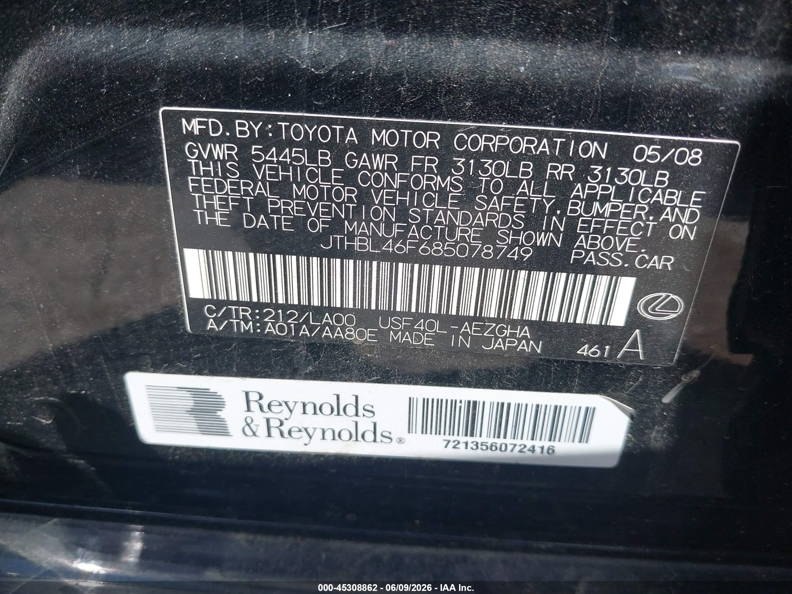 2008 Lexus Ls 460 Black vin: JTHBL46F685078749