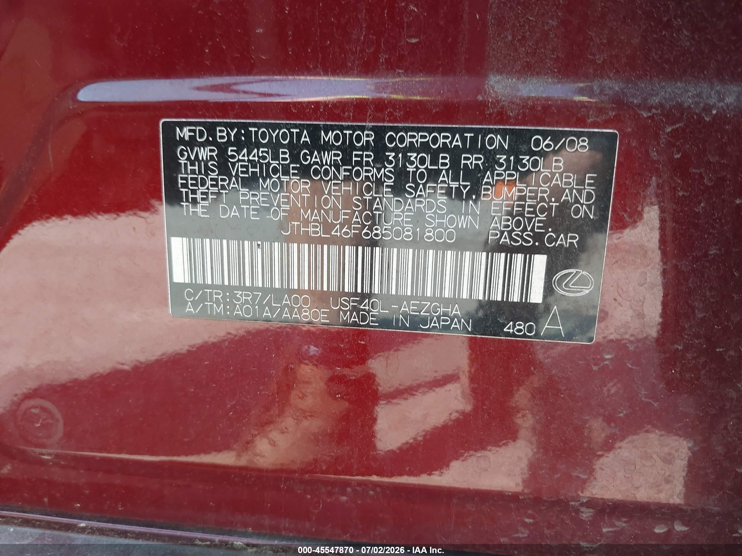 2008 Lexus Ls 460   Burgundy vin: JTHBL46F685081800