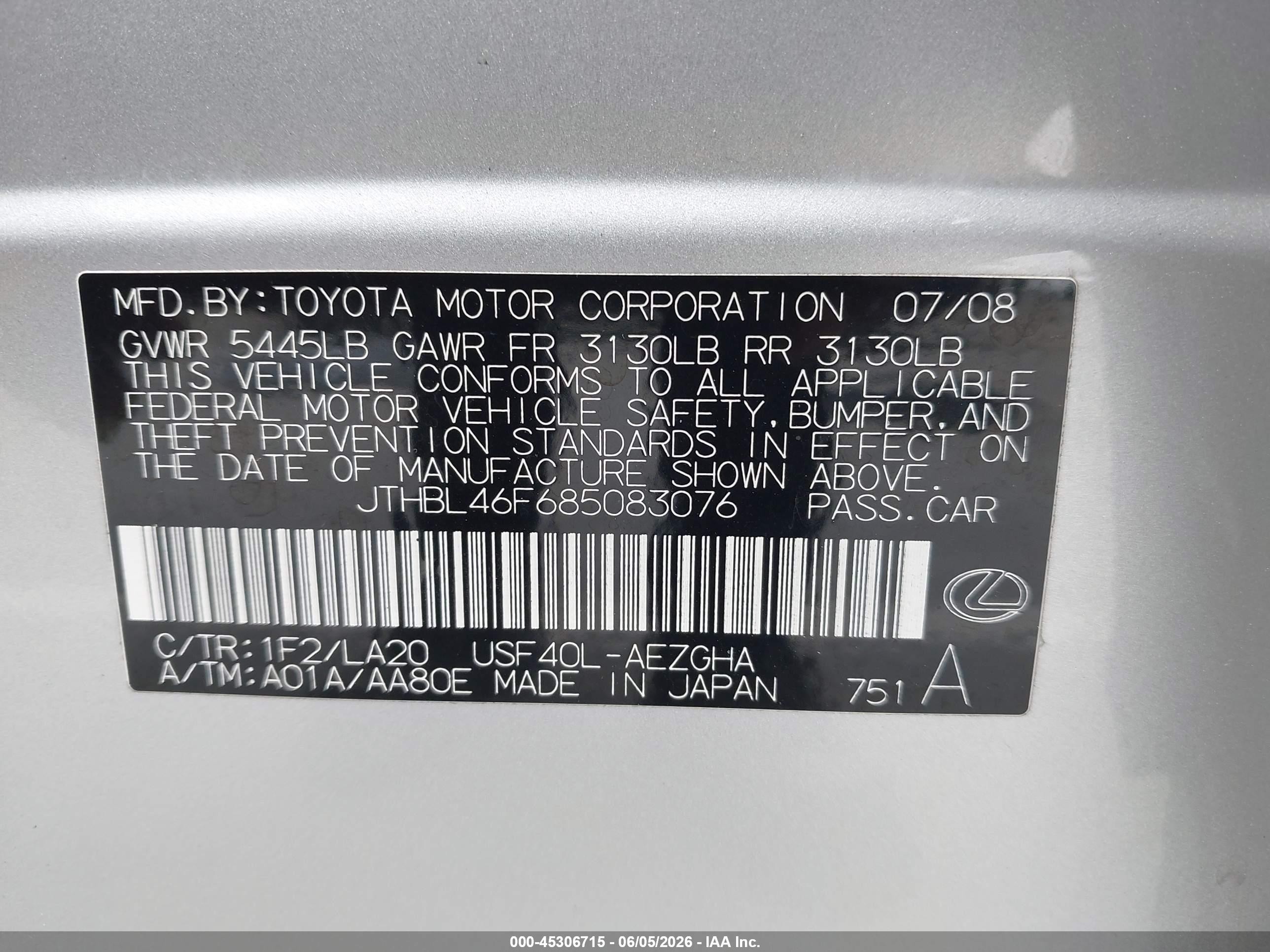 2008 Lexus Ls 460   Silver vin: JTHBL46F685083076