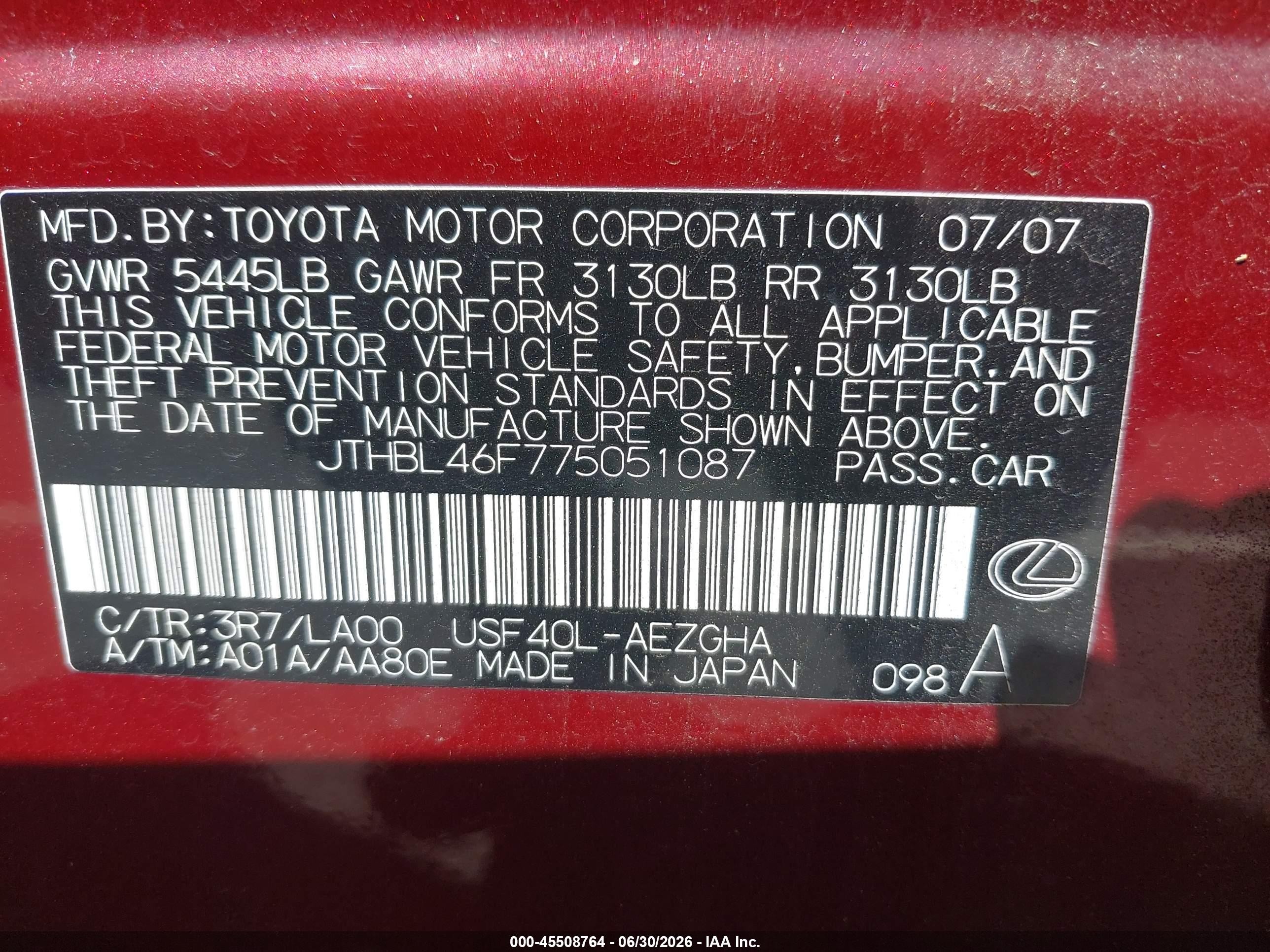 2007 Lexus Ls 460   Red vin: JTHBL46F775051087