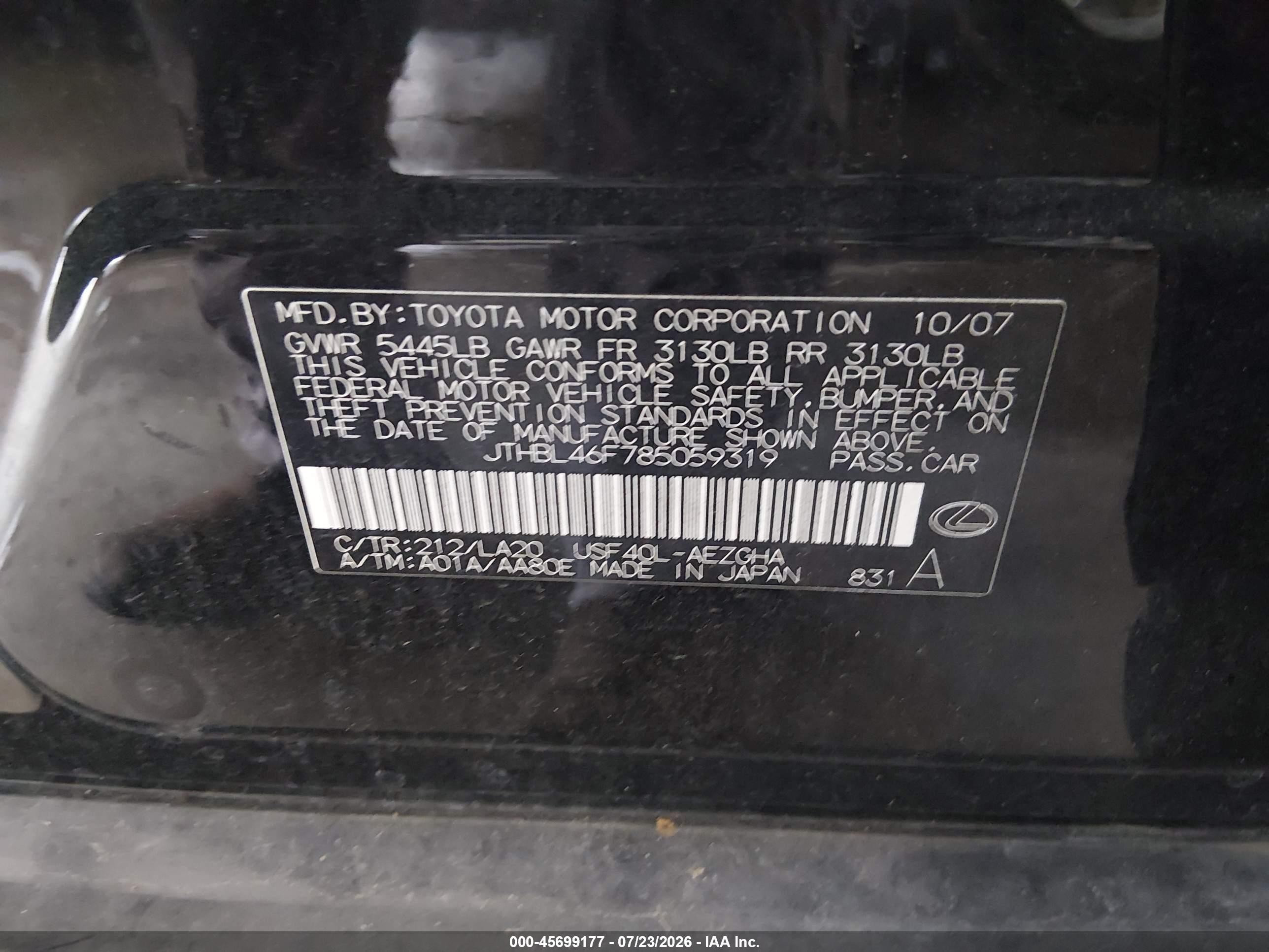 2008 Lexus Ls 460   Black vin: JTHBL46F785059319