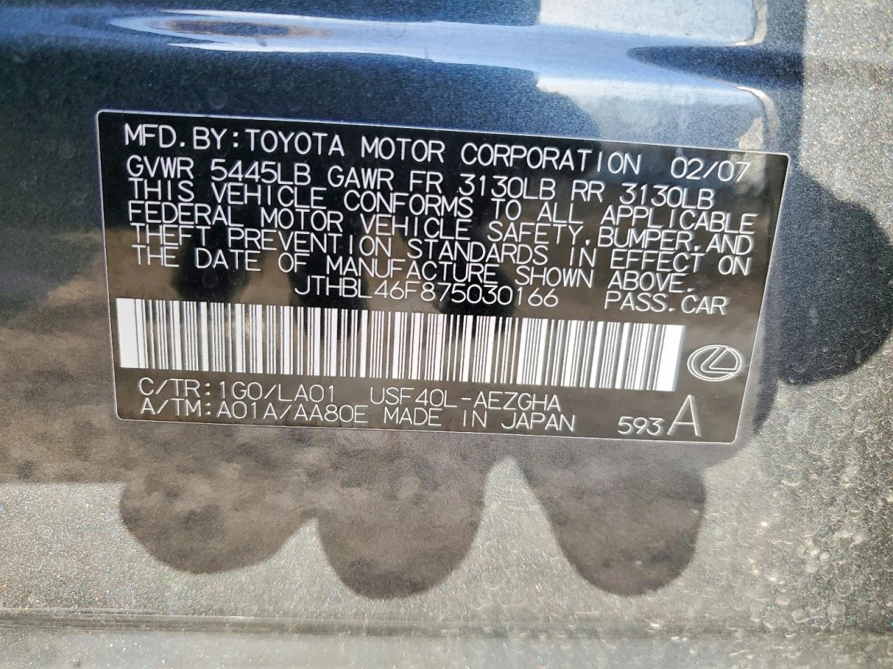 2007 Lexus Ls 460 Base Gray vin: JTHBL46F875030166