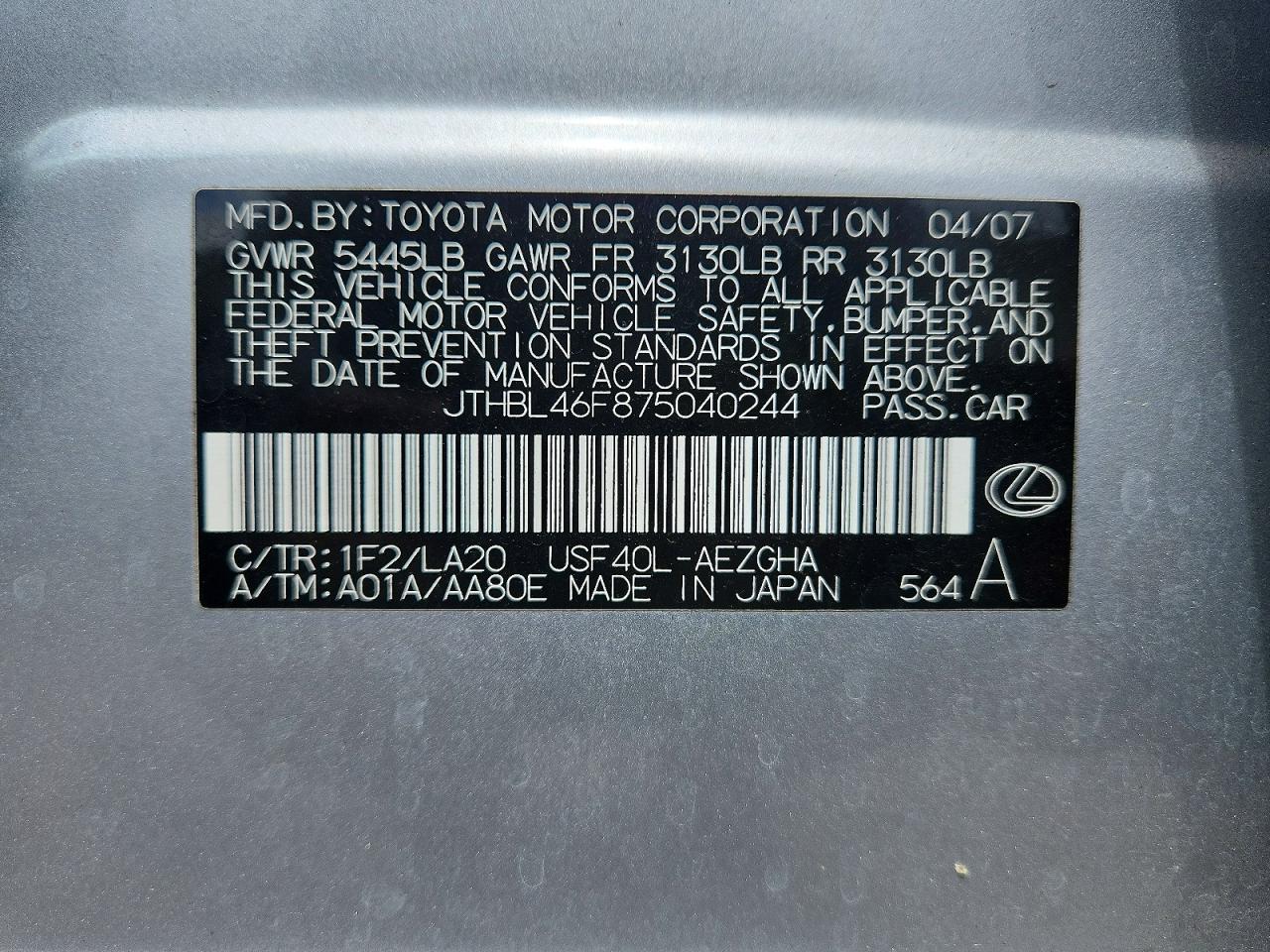 2007 Lexus Ls 460 Серебряный vin: JTHBL46F875040244