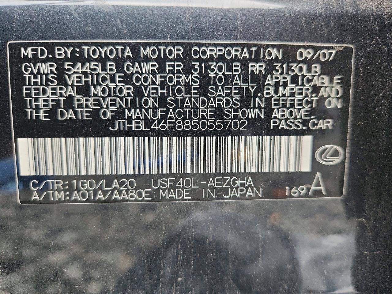 2008 Lexus Ls 460 Black vin: JTHBL46F885055702