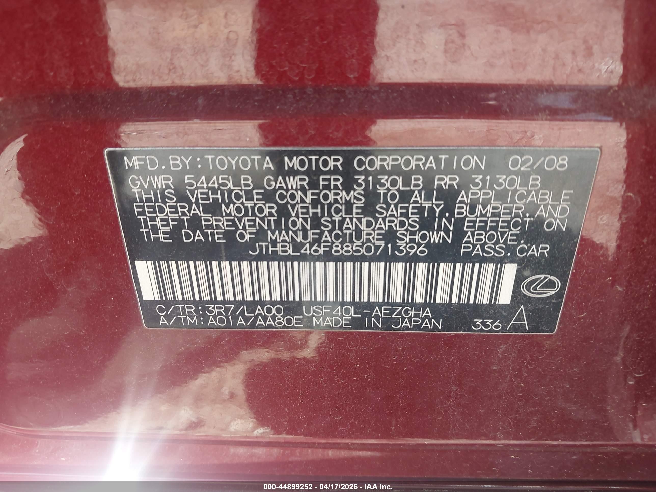 2008 Lexus Ls 460 Burgundy vin: JTHBL46F885071396