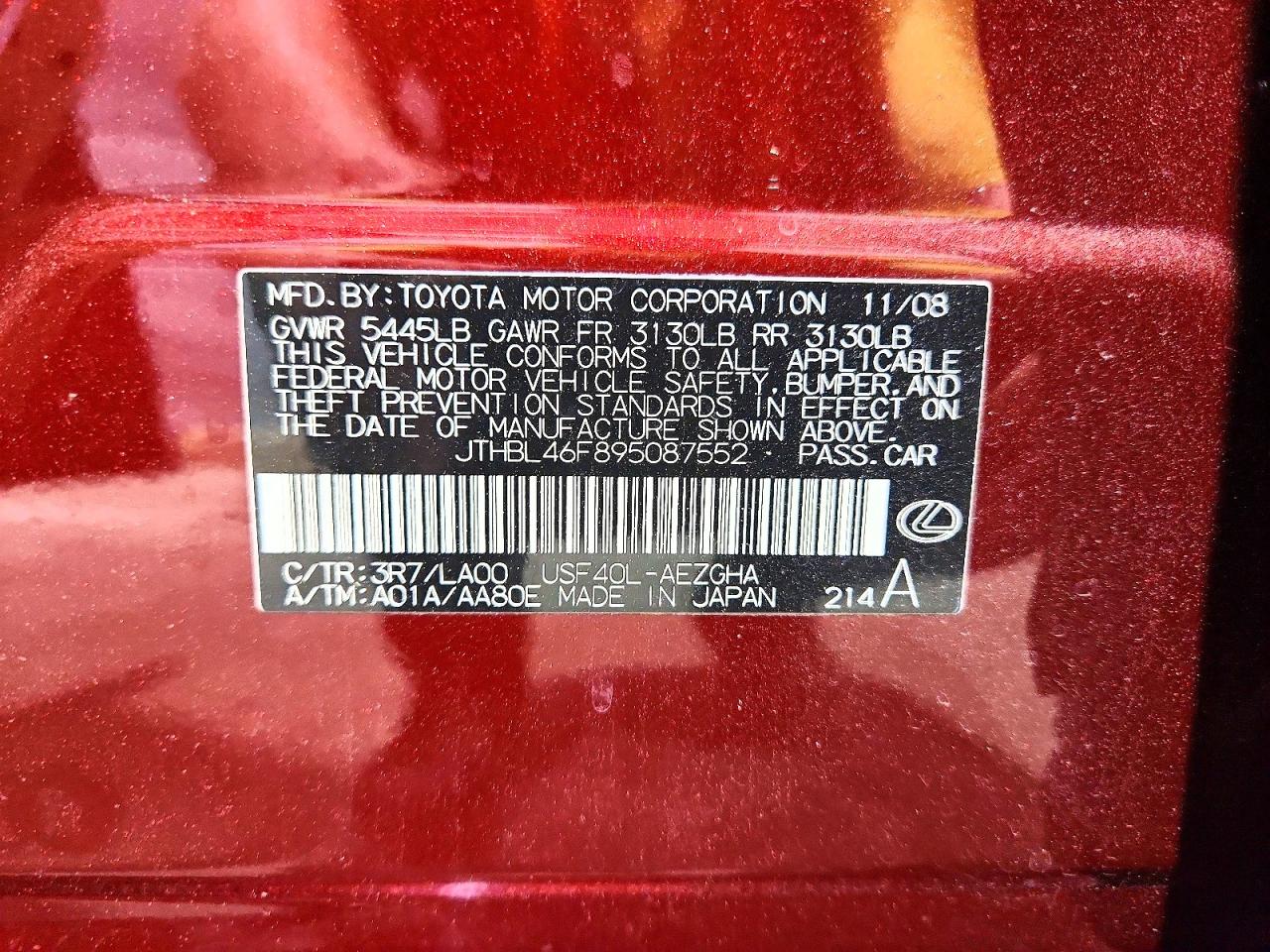 2009 Lexus Ls 460 Maroon vin: JTHBL46F895087552