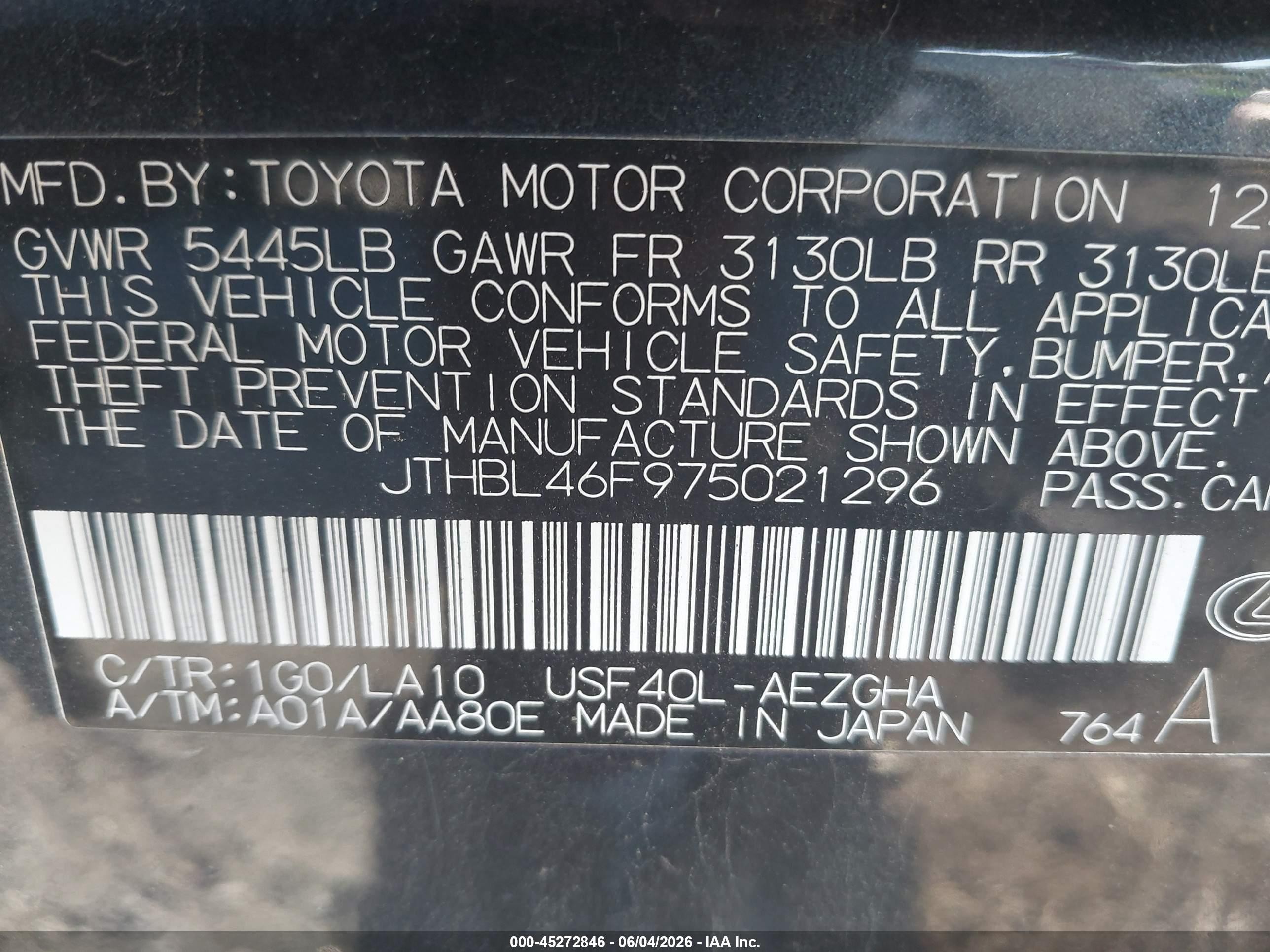2007 Lexus Ls 460 Черный vin: JTHBL46F975021296