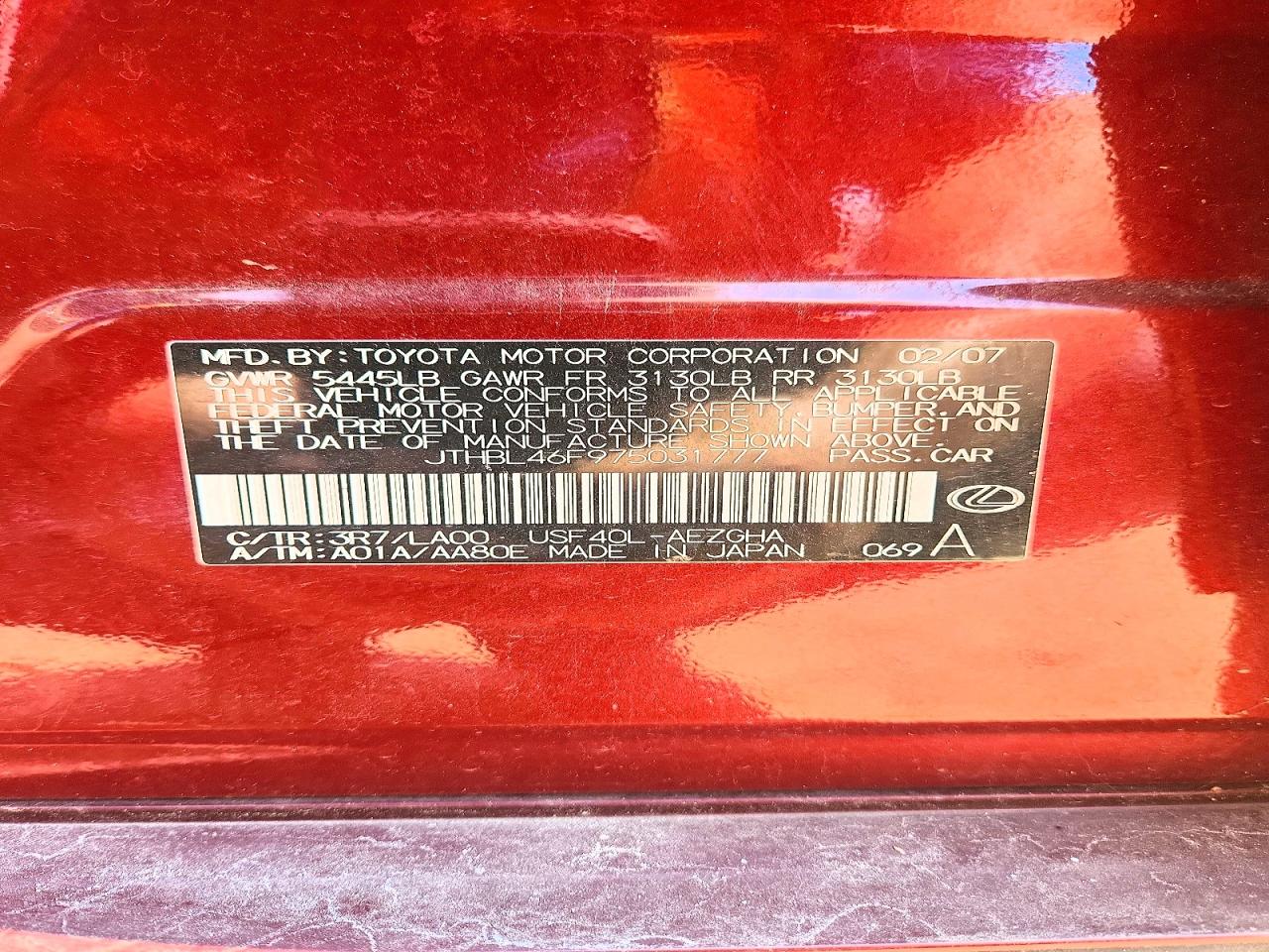 2007 Lexus Ls 460 Red vin: JTHBL46F975031777