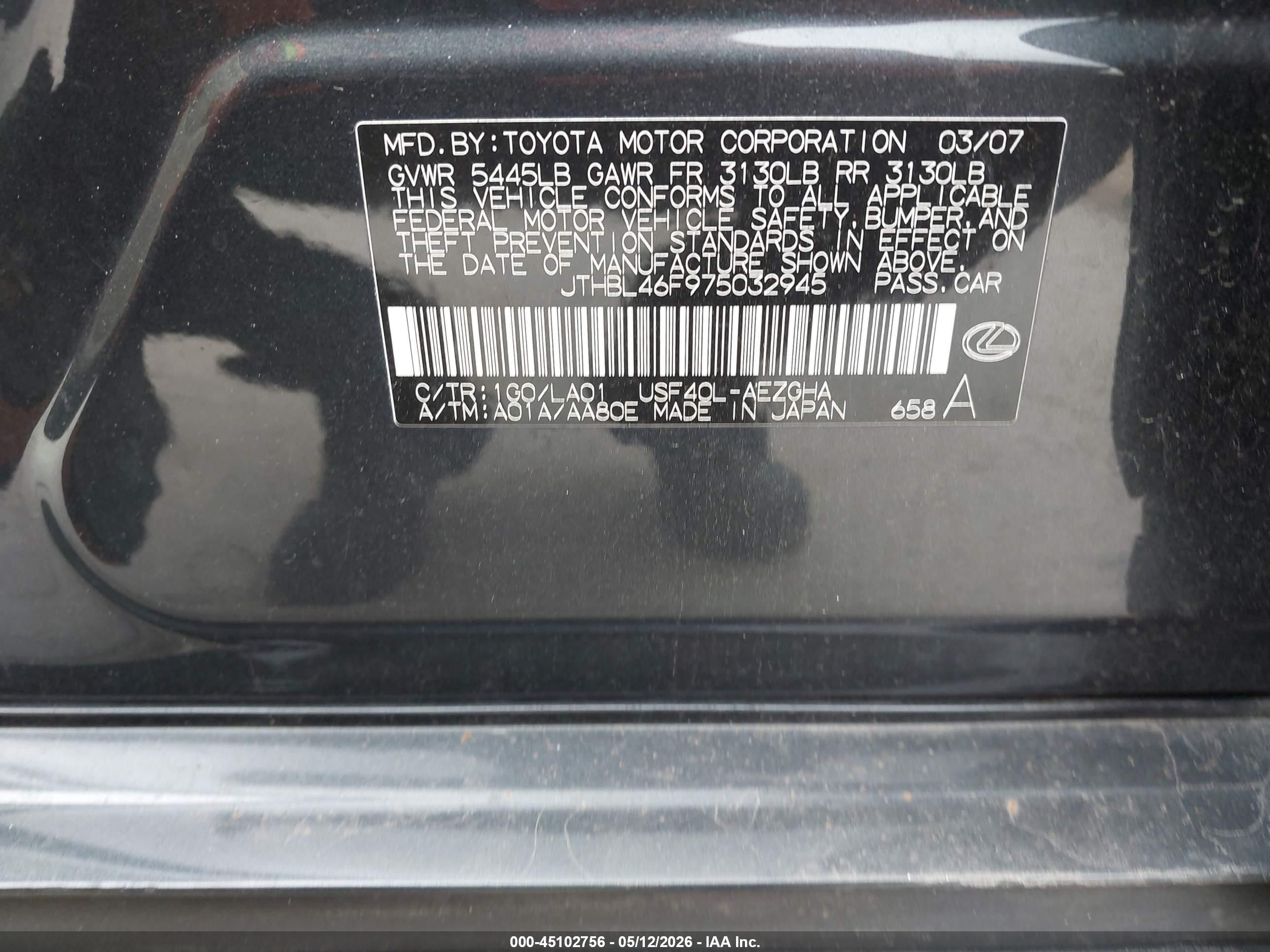 2007 Lexus Ls 460   Black vin: JTHBL46F975032945