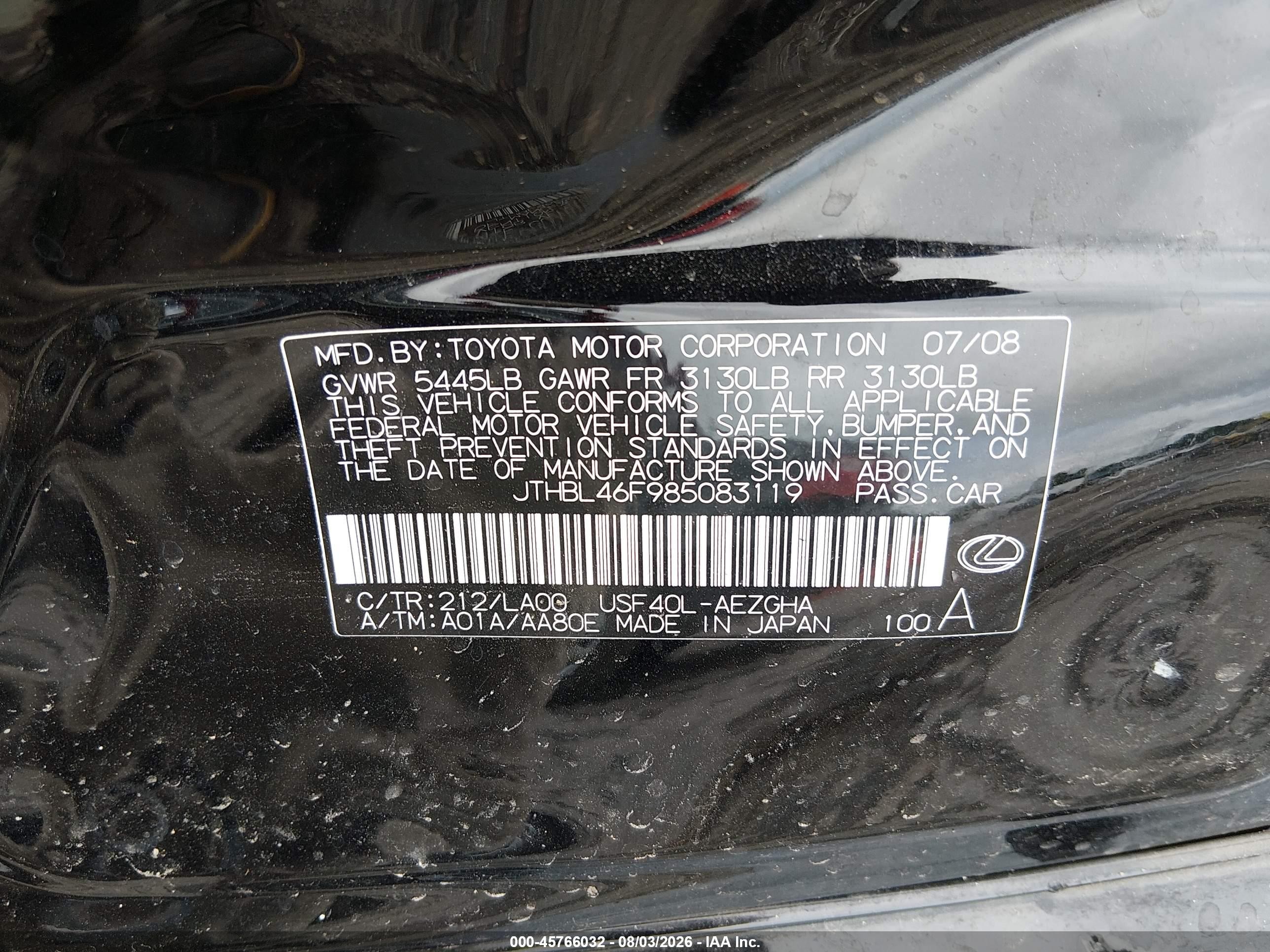 2008 Lexus Ls 460   Black vin: JTHBL46F985083119