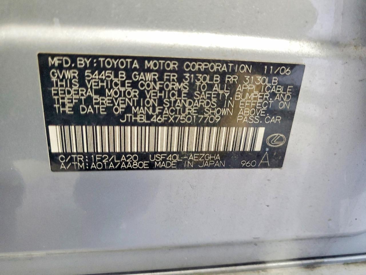 2007 Lexus Ls 460 Silver vin: JTHBL46FX75017709