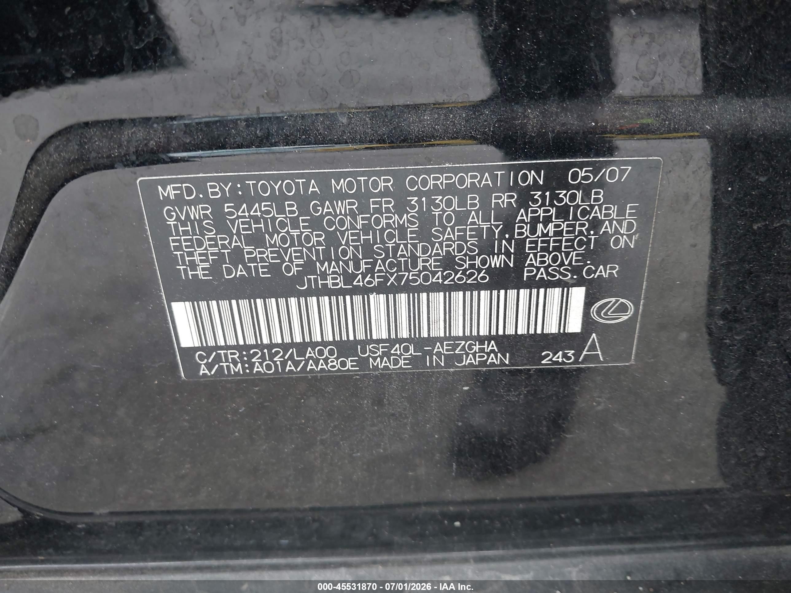 2007 Lexus Ls 460   Black vin: JTHBL46FX75042626