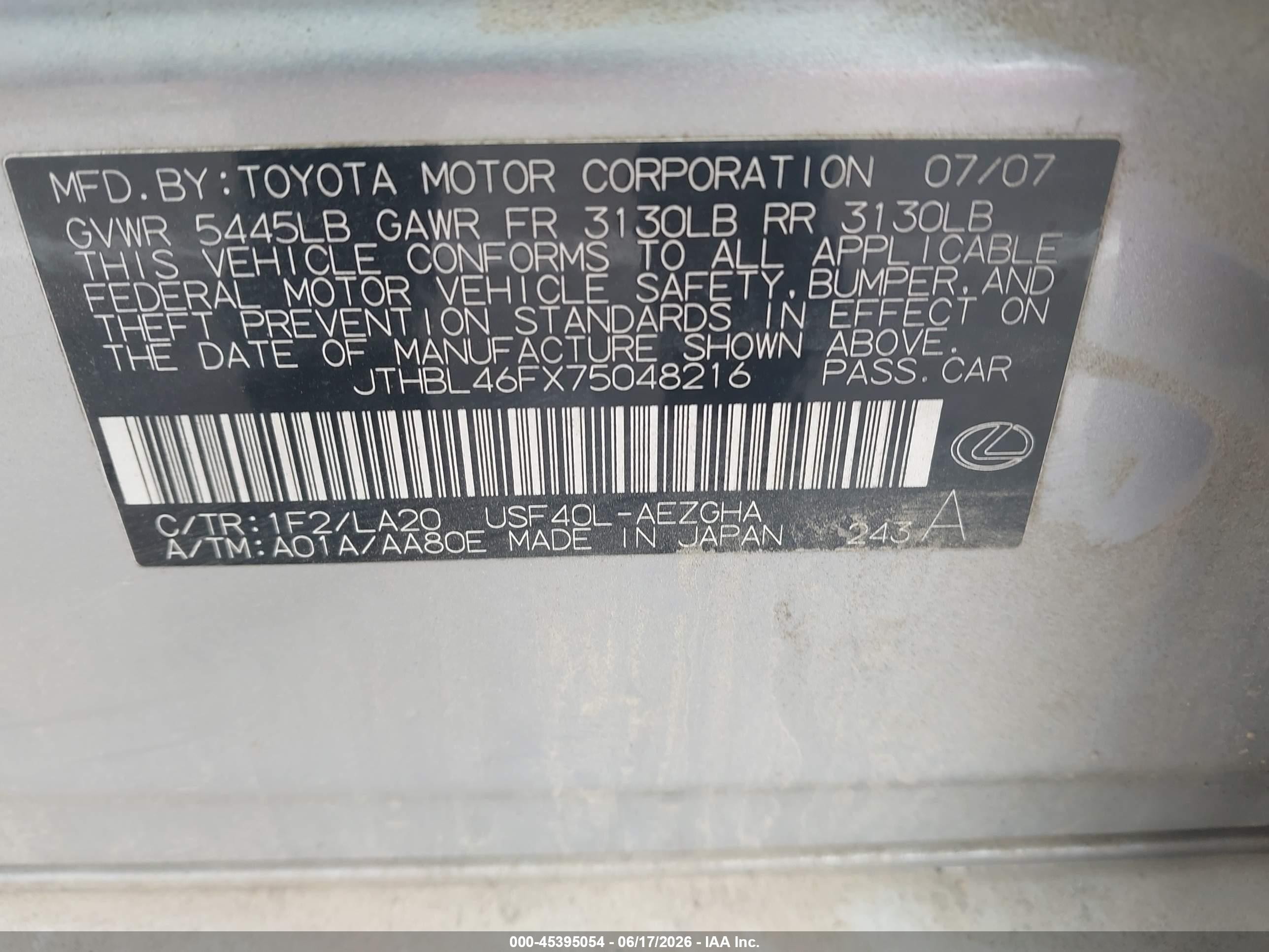 2007 Lexus Ls 460   Silver vin: JTHBL46FX75048216