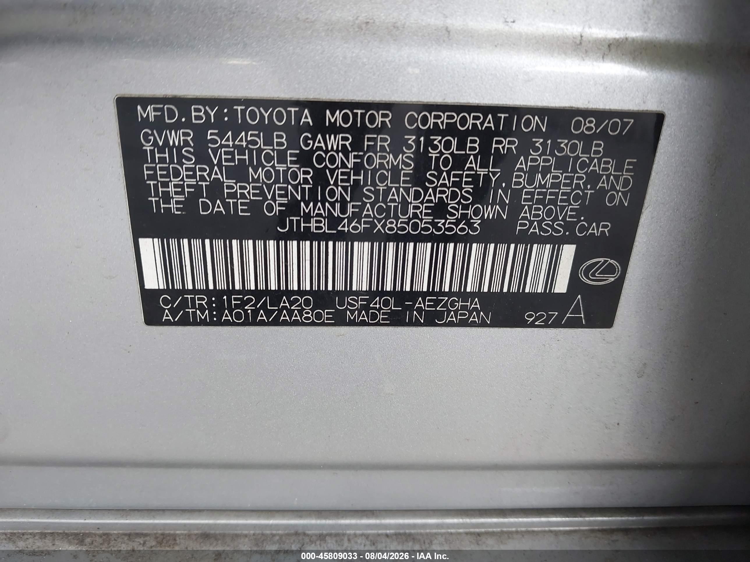 2008 Lexus Ls 460   Silver vin: JTHBL46FX85053563