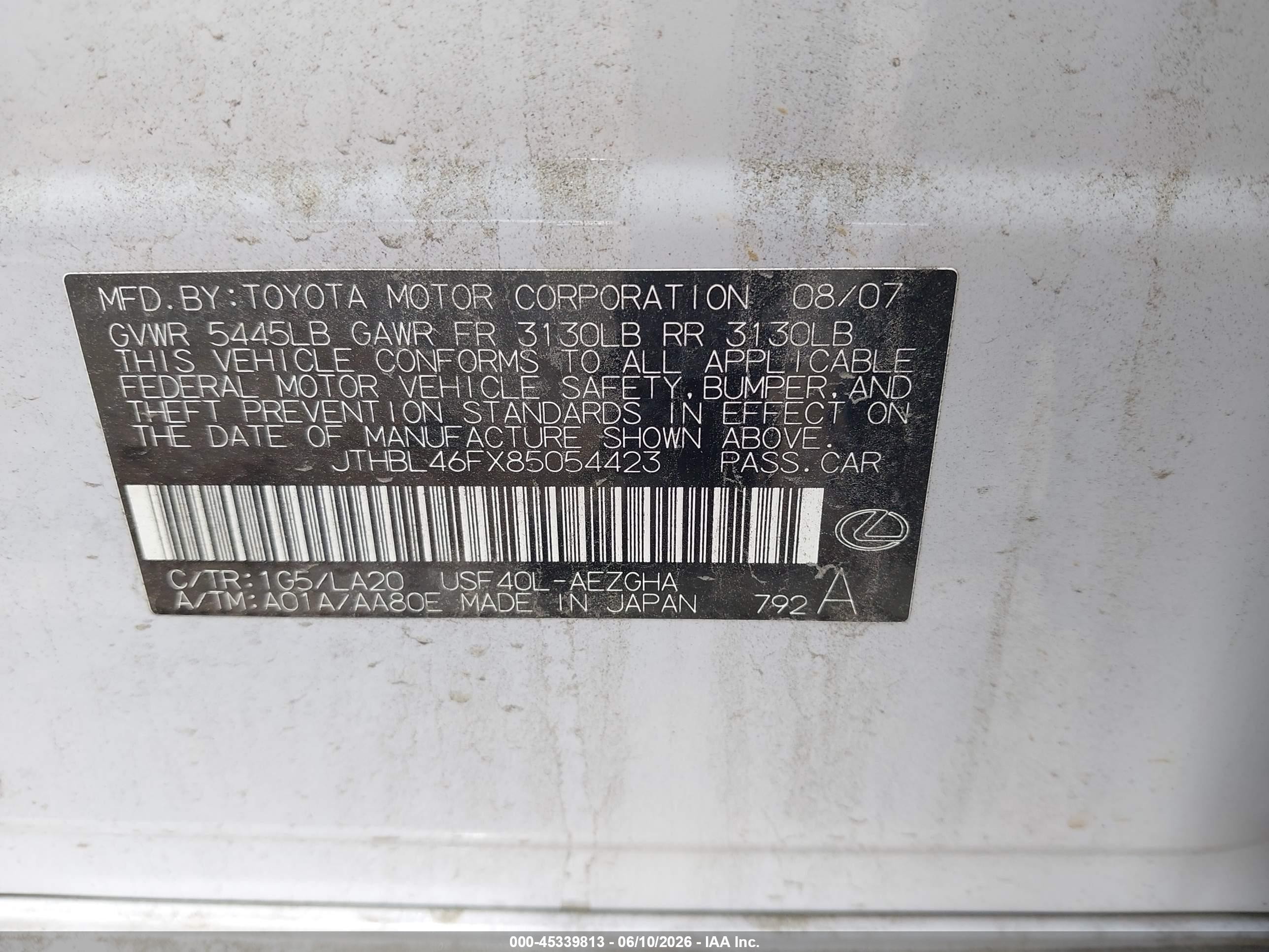 2008 Lexus Ls 460   Белый vin: JTHBL46FX85054423