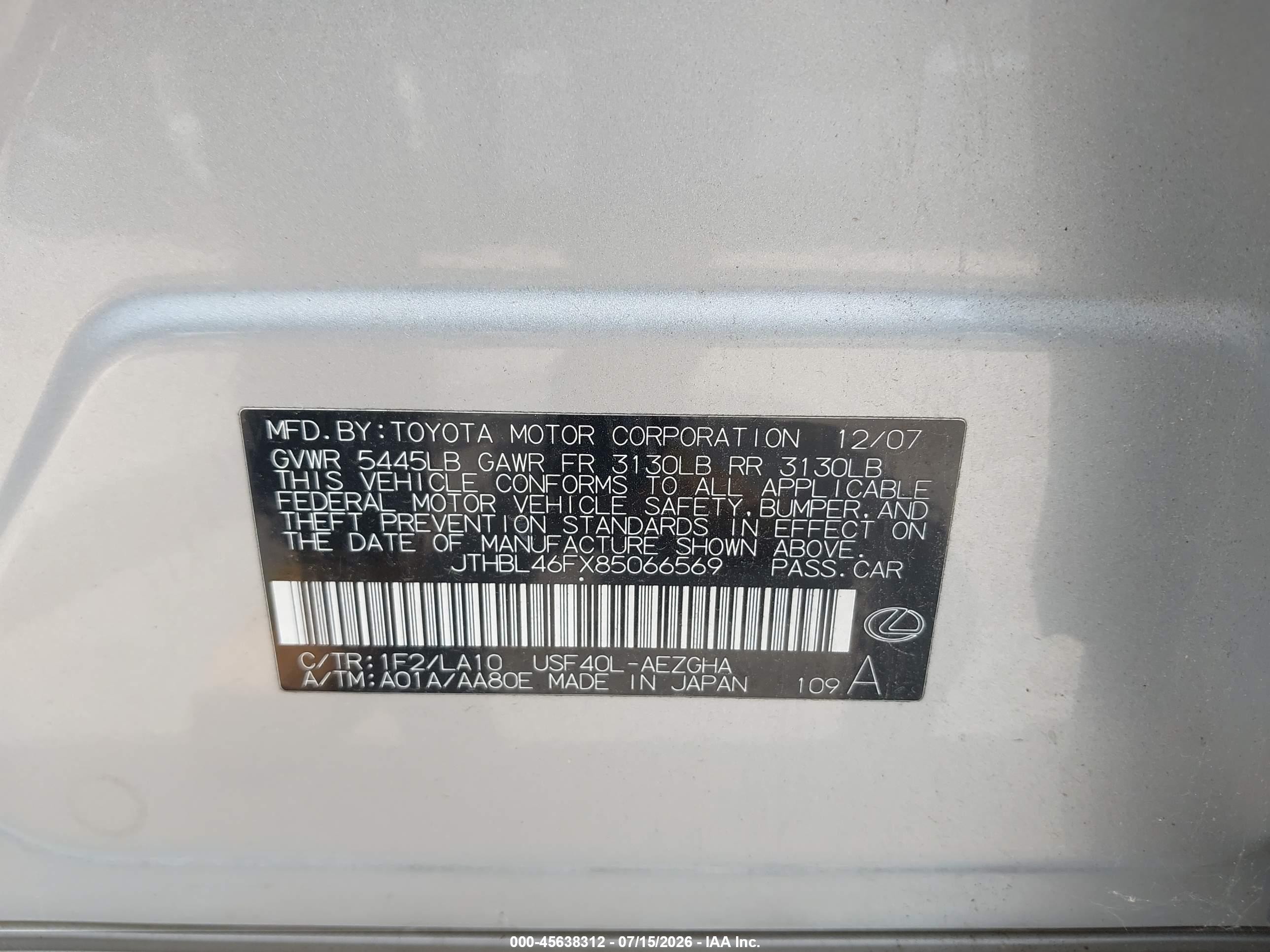 2008 Lexus Ls 460   Silver vin: JTHBL46FX85066569