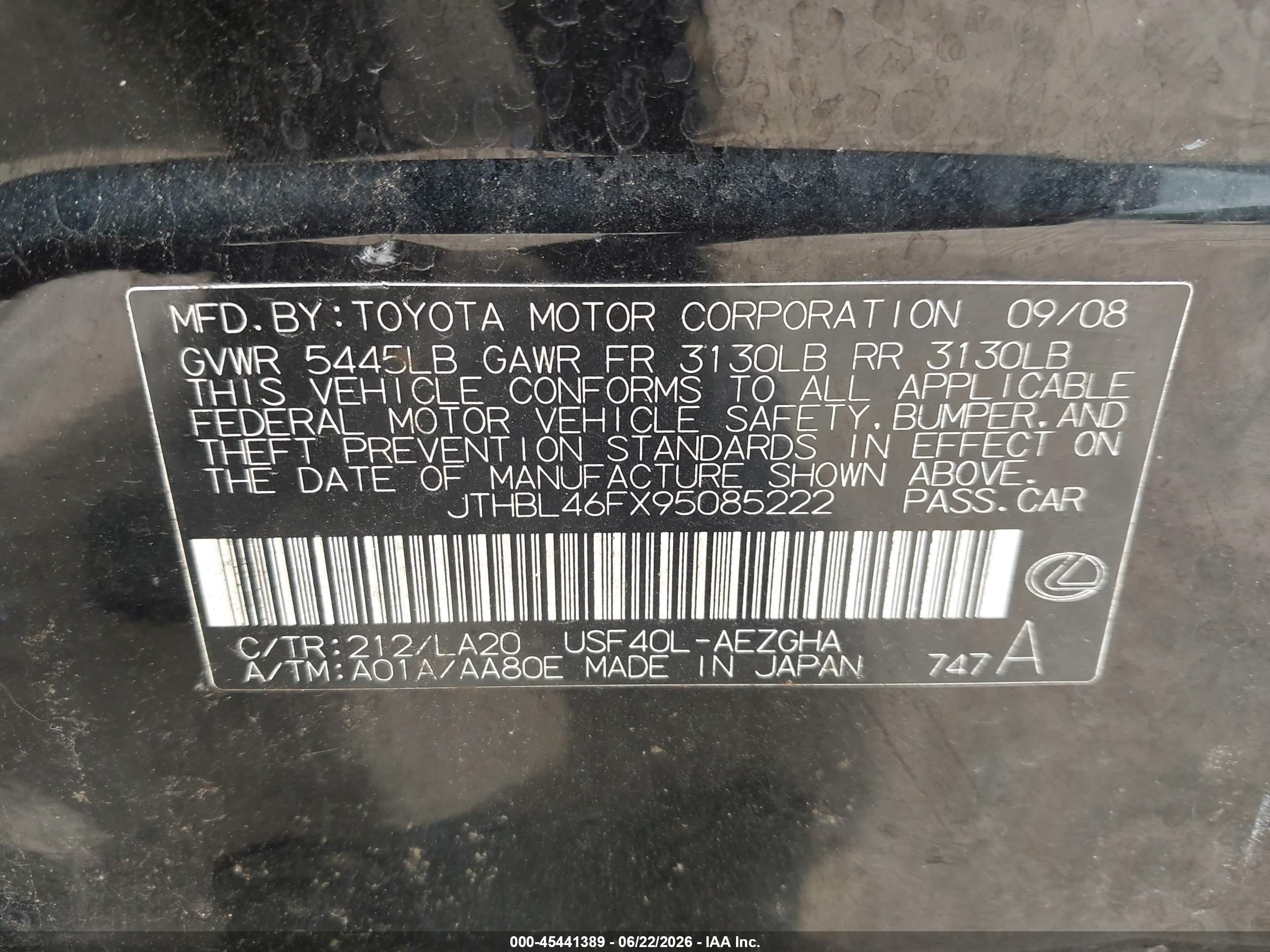 2009 Lexus Ls 460   Black vin: JTHBL46FX95085222