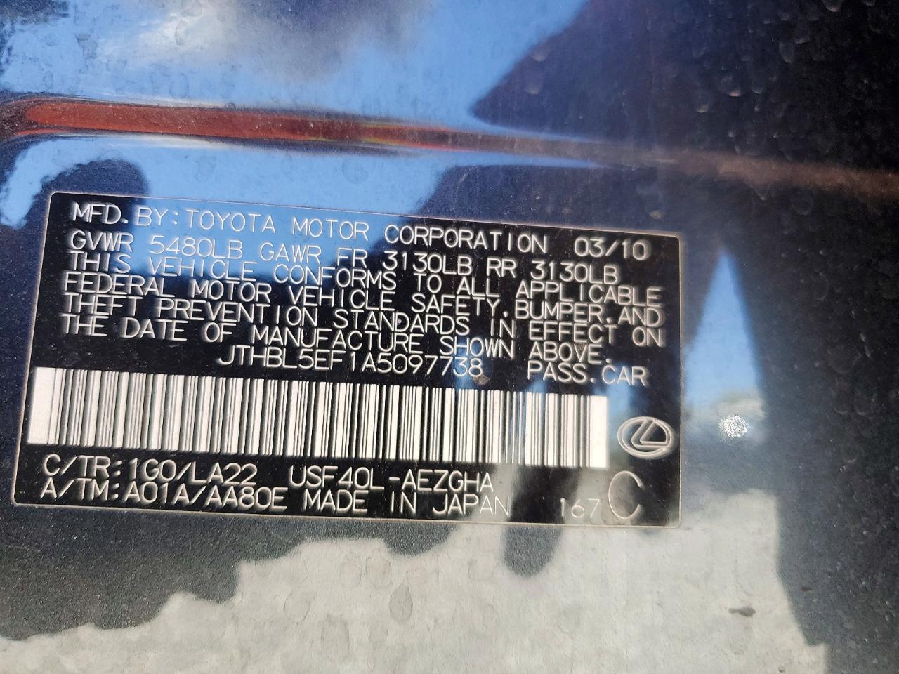 2010 Lexus Ls 460 Charcoal vin: JTHBL5EF1A5097738